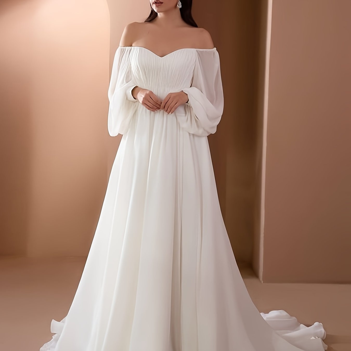 gbolsos Off Shoulder Gown Wedding Dresses, Elegant Solid Ruched Mopping High Waist Dress For Wedding Party, Women's Clothing