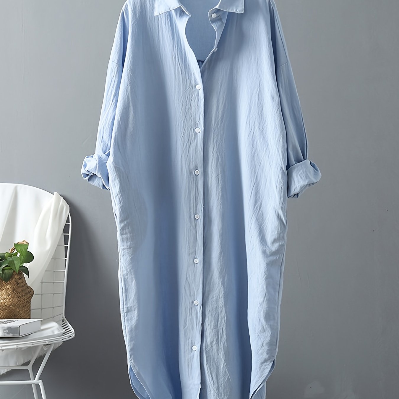 gbolsos Loose Long Sleeve Solid Lapel Shirt, Casual Medium Longline Button Shirt, Women's Clothing