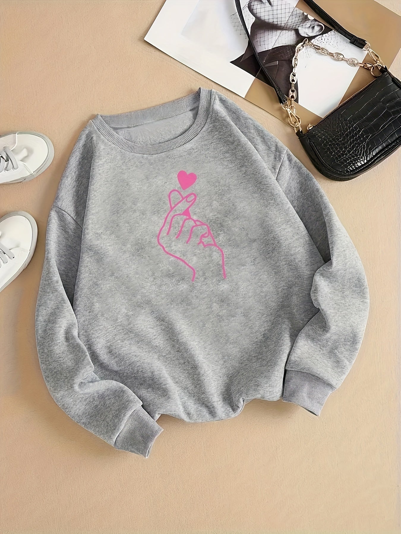 gbolsos Finger Heart Print Sweatshirt, Casual Long Sleeve Crew Neck Sweatshirt For Fall & Winter, Women's Clothing