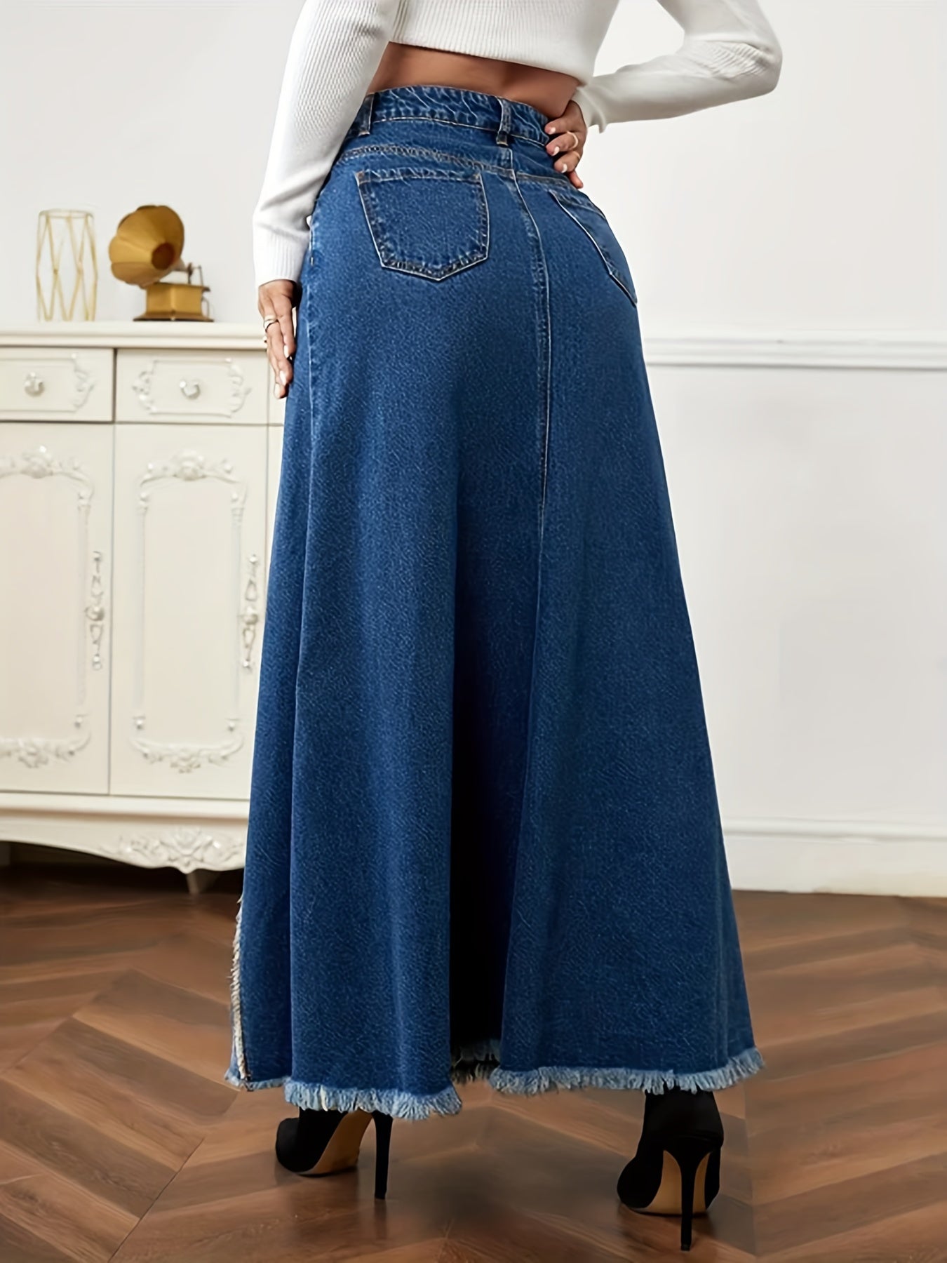 gbolsos Two Tone Patchwork Denim Midi Skirt, Frayed Hem Slant Pockets Chic Denim Skirt, Women's Denim Clothing