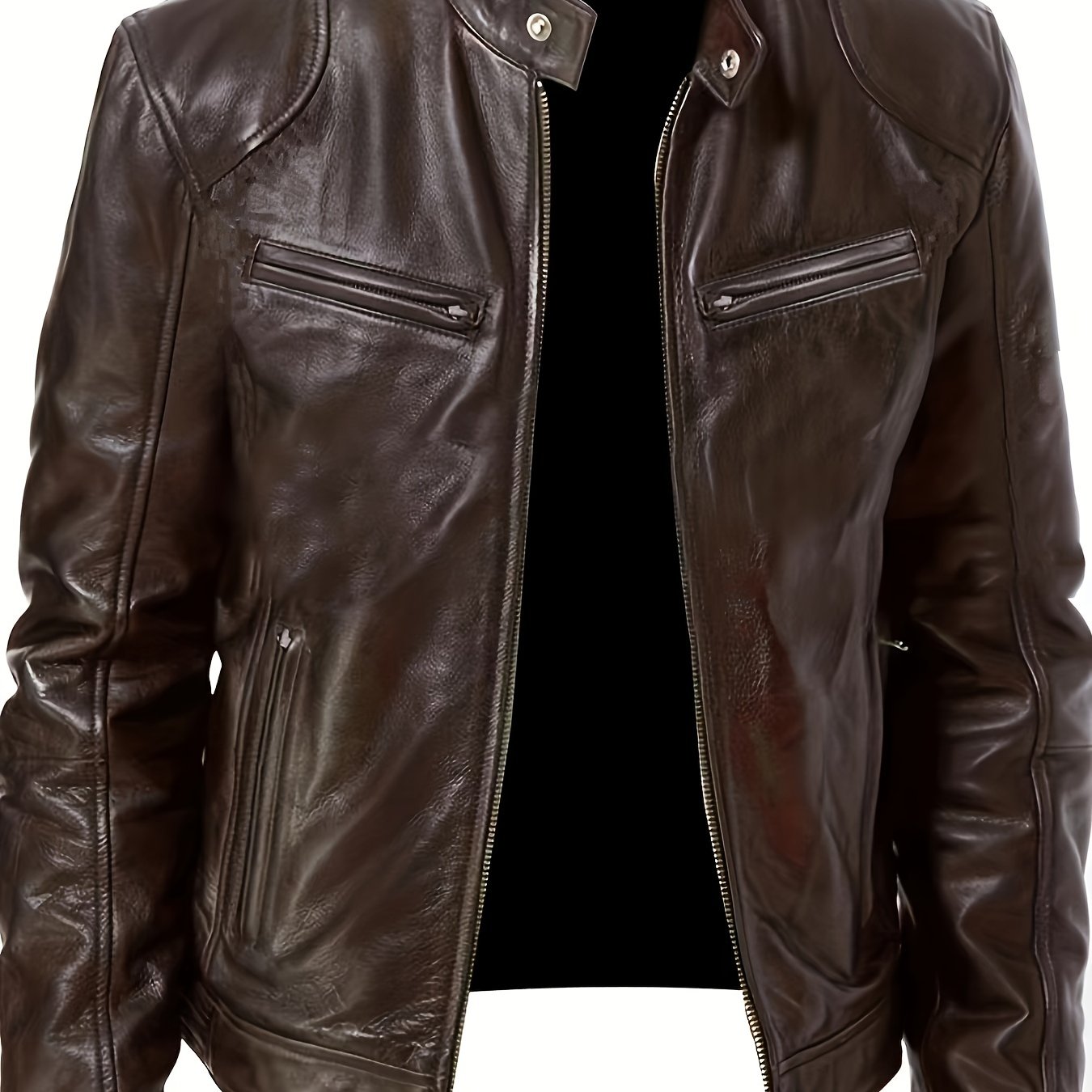 gbolsos Zipper Pockets PU Jacket, Men's Casual Solid Color Zip Up Stand Collar Faux Leather Jacket For Spring Fall