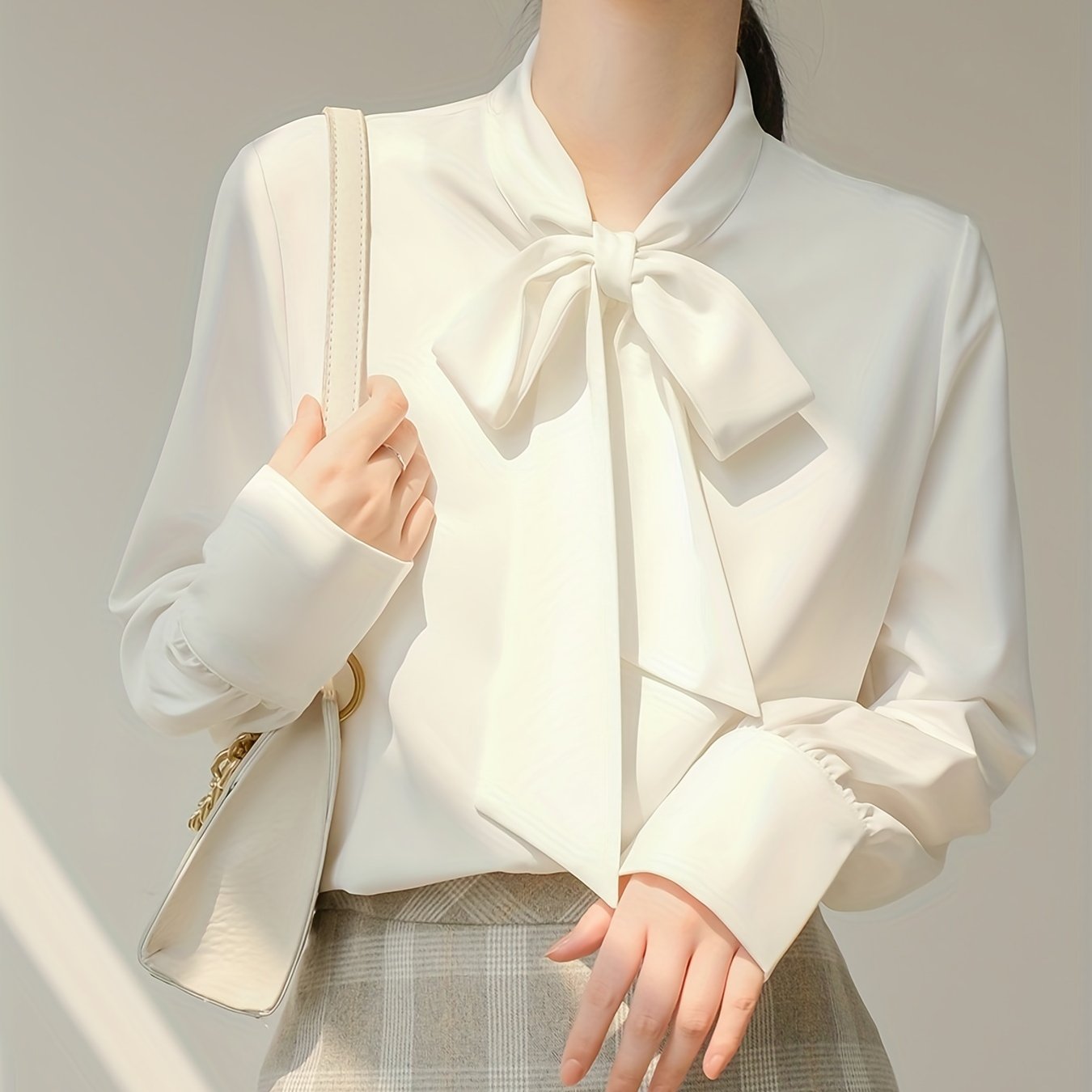 Tie Neck Solid Blouse, Casual Long Sleeve Work Office Blouse, Women's Clothing
