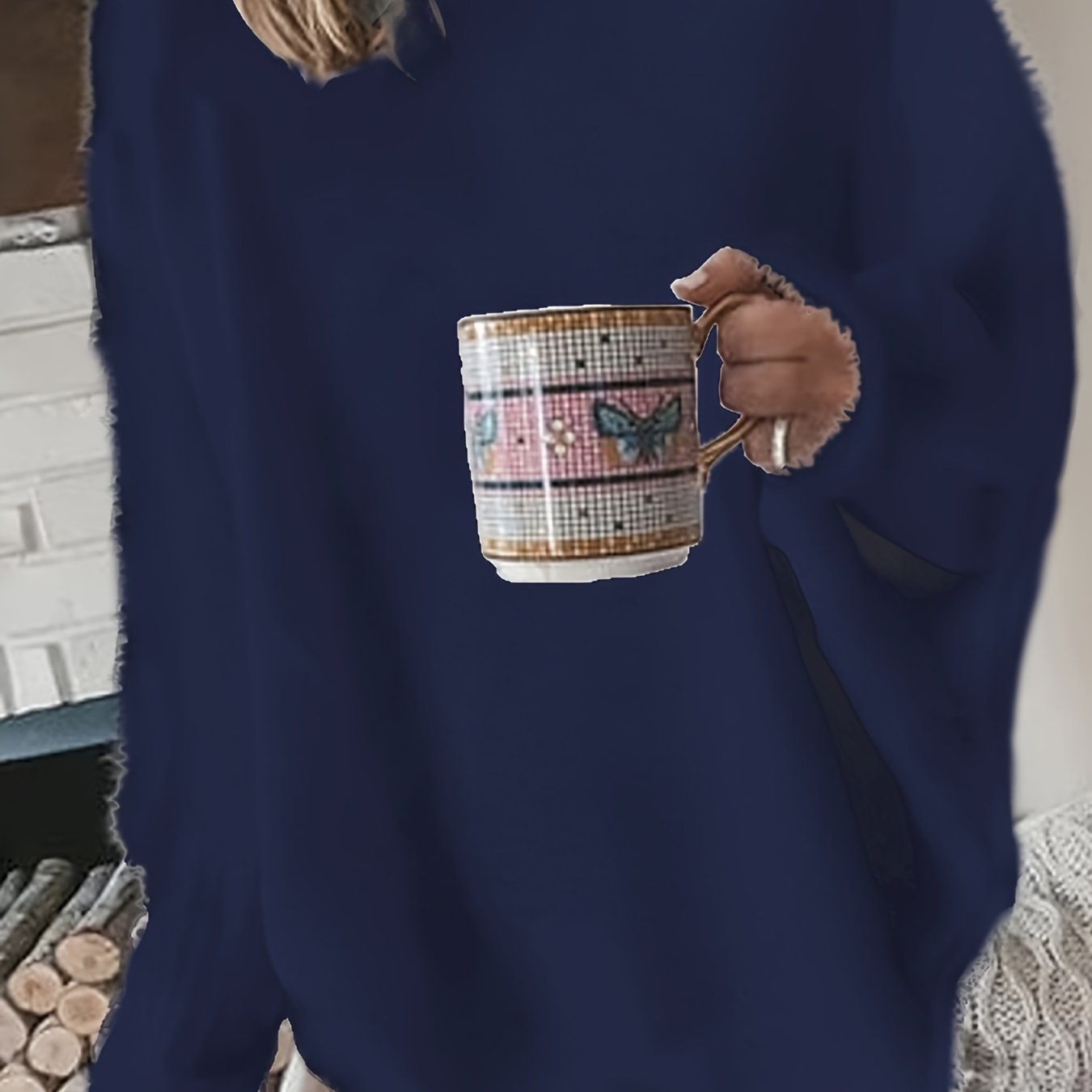 gbolsos Plus Size Casual Sweater, Women's Plus Solid Fluffy Round Neck Long Sleeve Sweater
