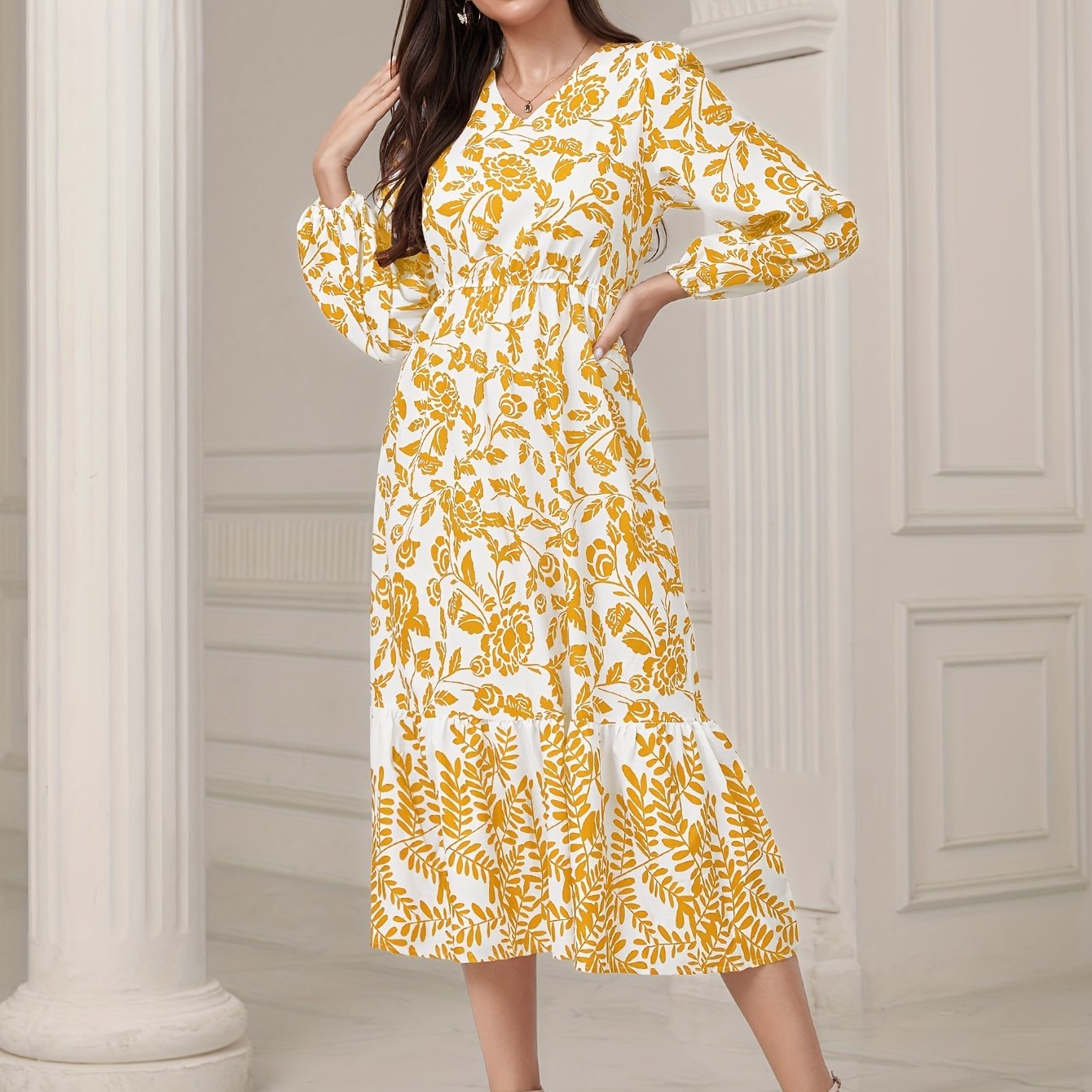 gbolsos Floral & Leaves Print V-neck Dress, Elegant Elastic Waist Long Sleeve Dress For Spring & Fall, Women's Clothing