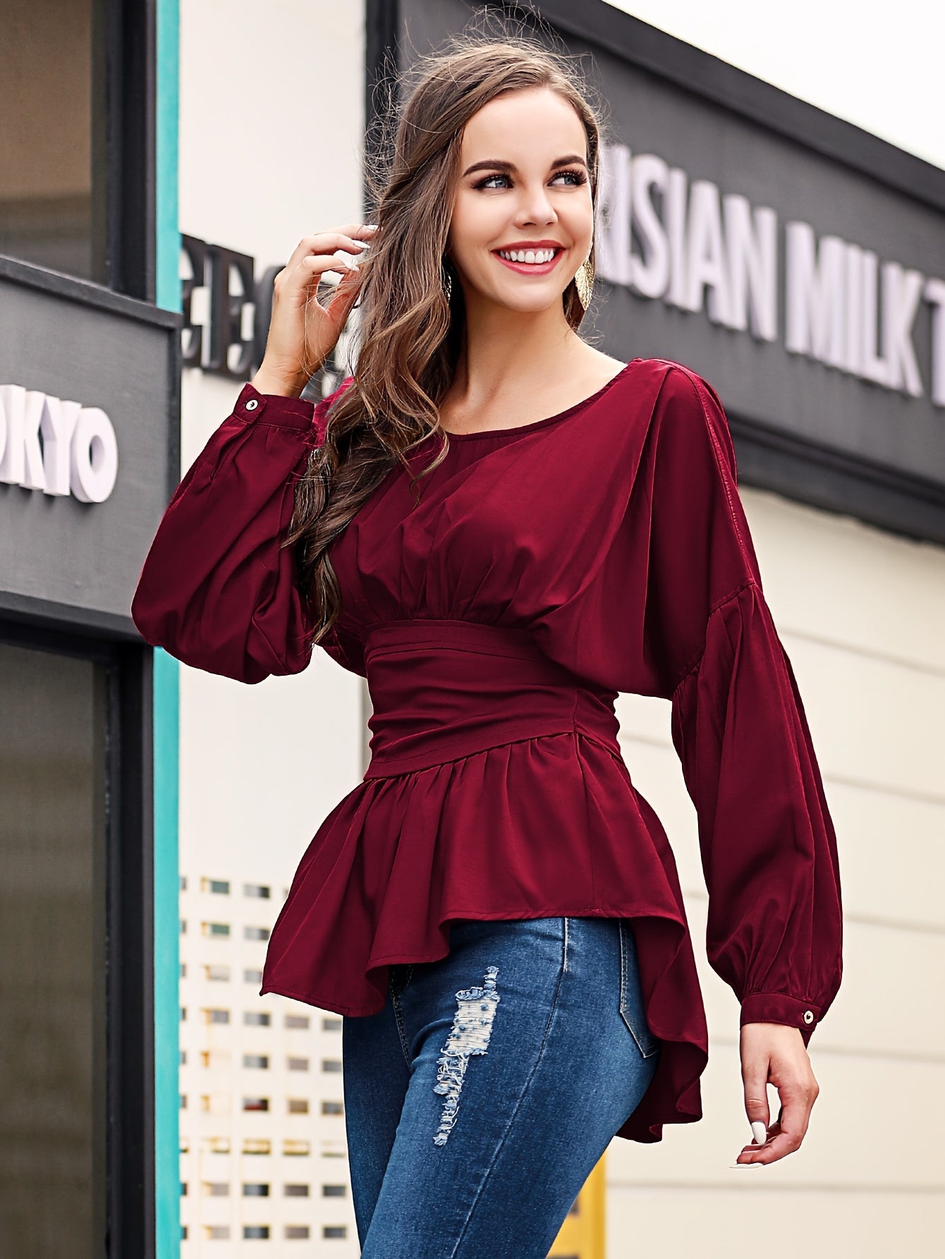 gbolsos Solid Cinched Waist Smocked Blouse, Versatile Lantern Sleeve Blouse For Spring & Fall, Women's Clothing