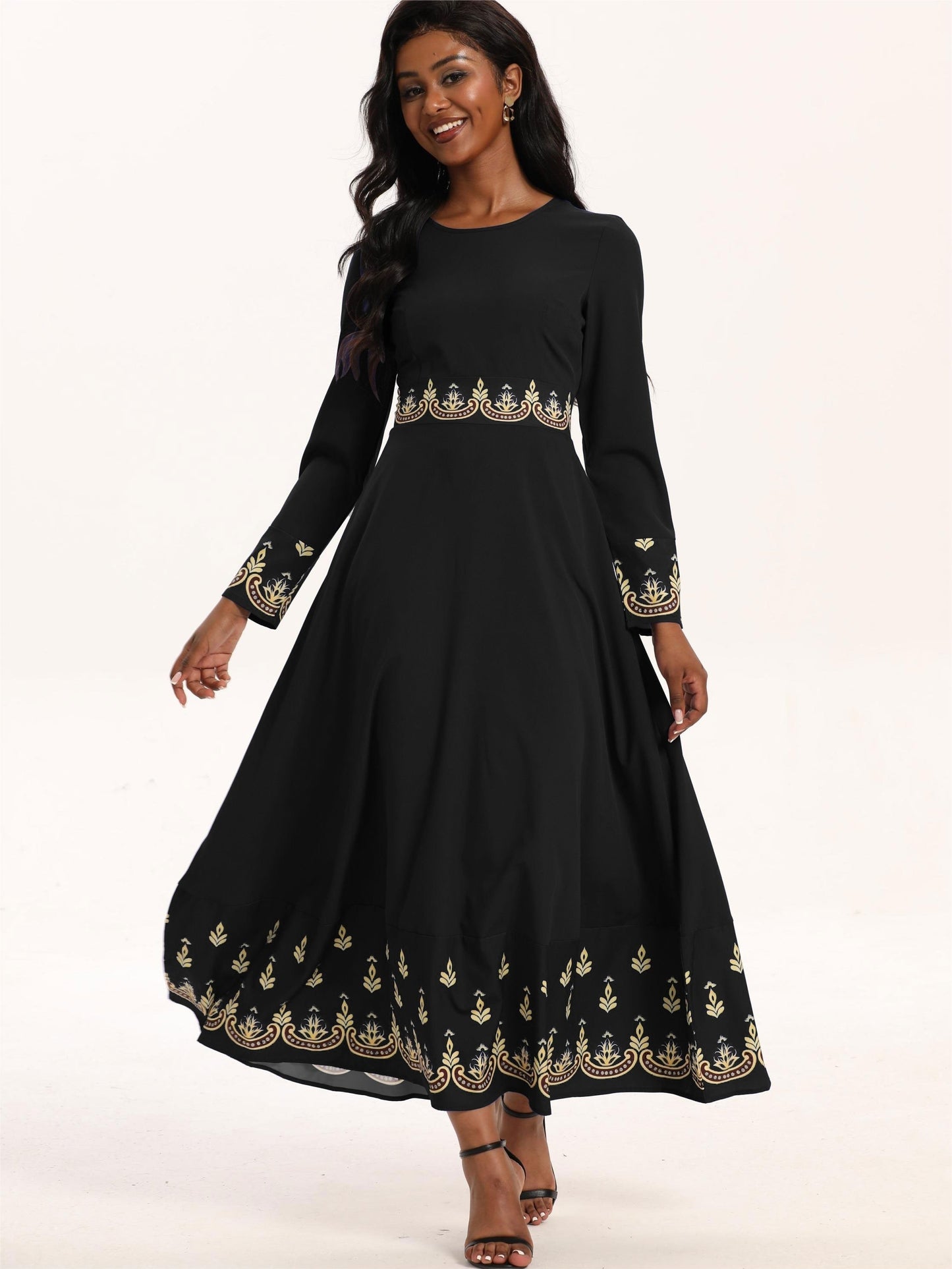 gbolsos Vintage Print Slim Dress, Crew Neck Long Sleeve Casual Dress For Fall & Spring, Women's Clothing