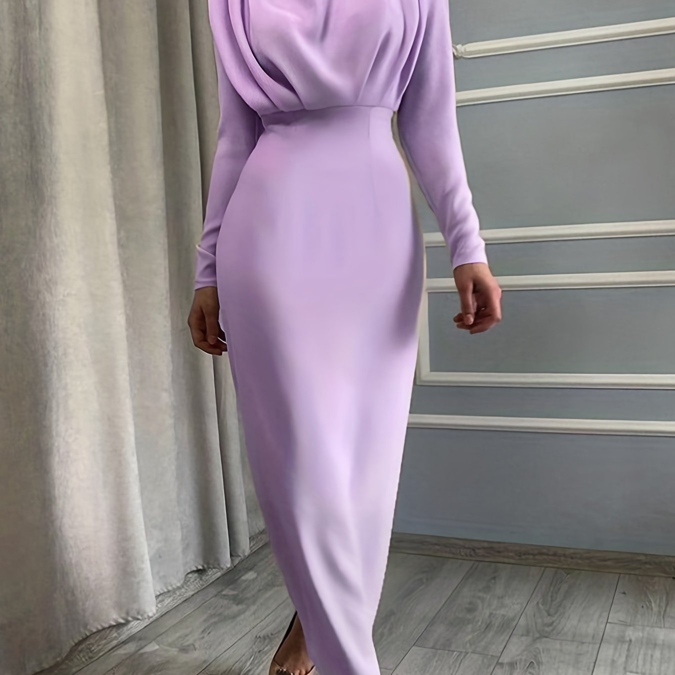 Solid Ruched Dress, Elegant Simple Long Sleeve Slim Waist Dress, Women's Clothing