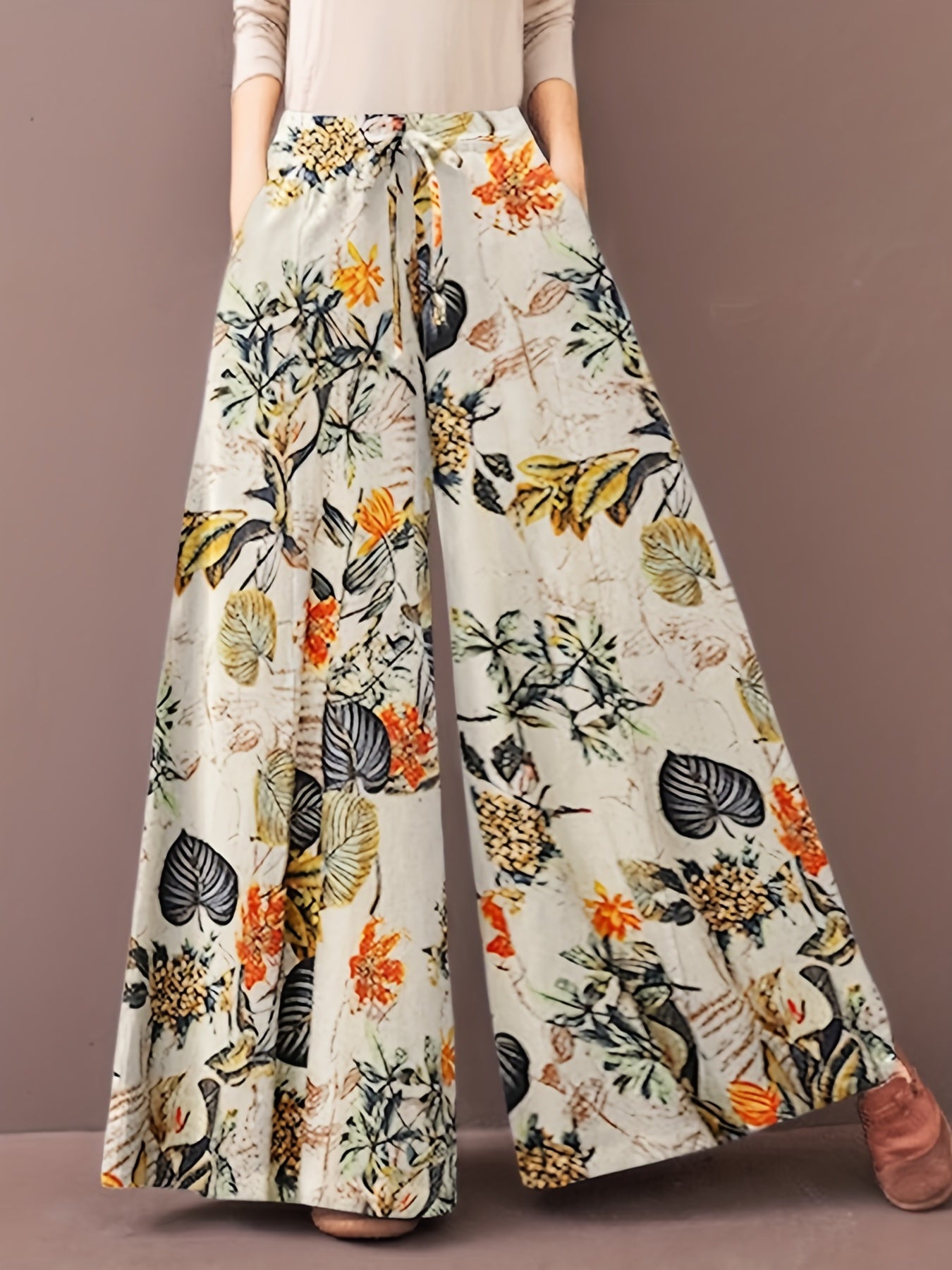 Plus Size Casual Pants, Women's Plus Floral Print Wide Leg Loose Drawstring Pants With Pockets