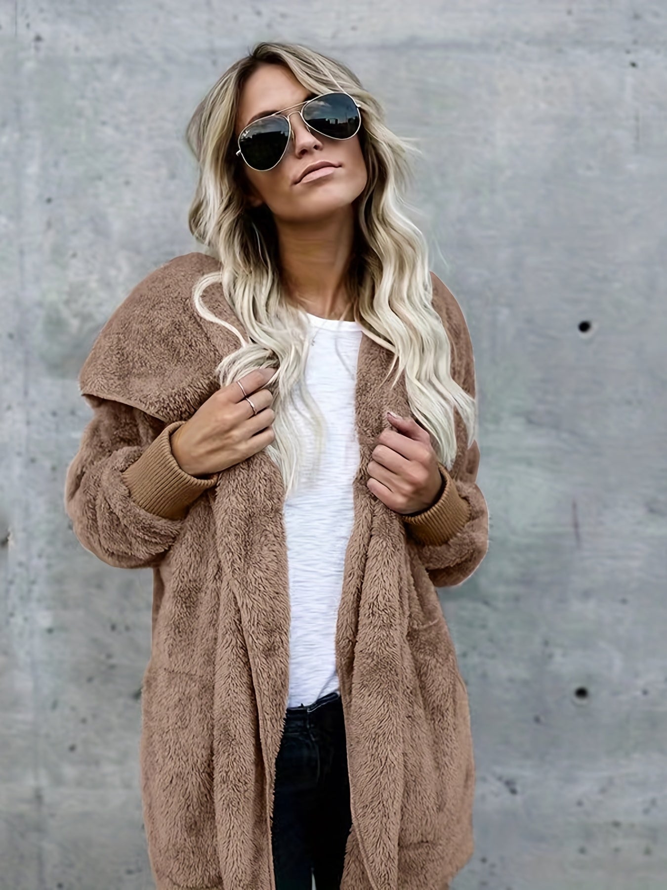gbolsos Zip Front Hoodie Plush Coat, Long Sleeve Slant Pockets Outwear For Fall & Winter, Women's Clothing