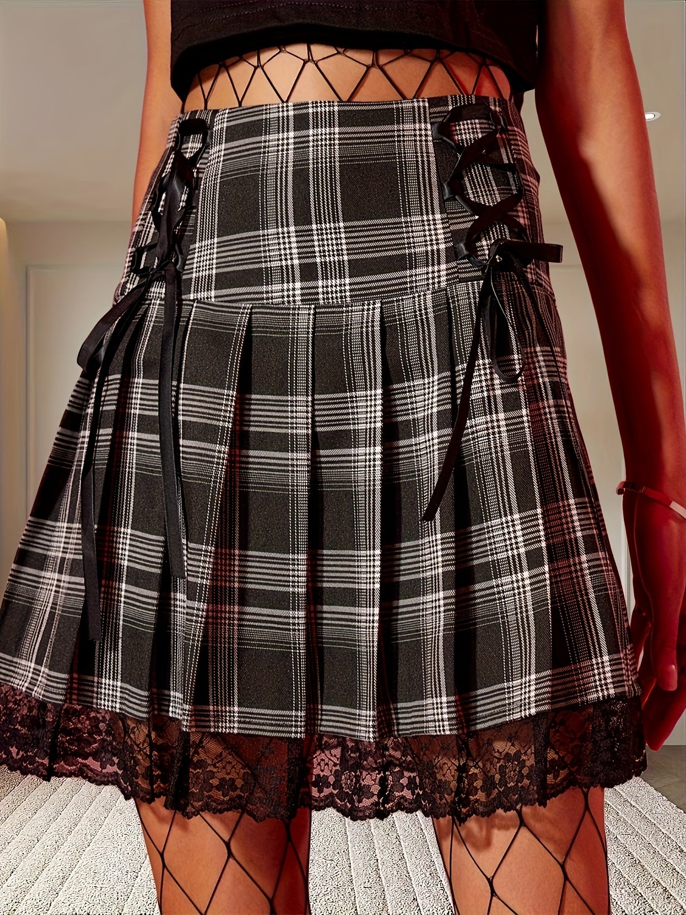 gbolsos Contrast Lace High Waist Skirt, Casual Pleated Lace Up Skirt, Women's Clothing