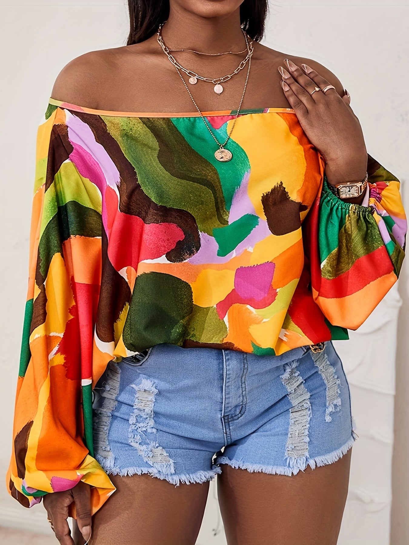 gbolsos Colorful Print Off Shoulder Top, Casual Long Lantern Sleeve T-Shirt For Spring & Fall, Women's Clothing
