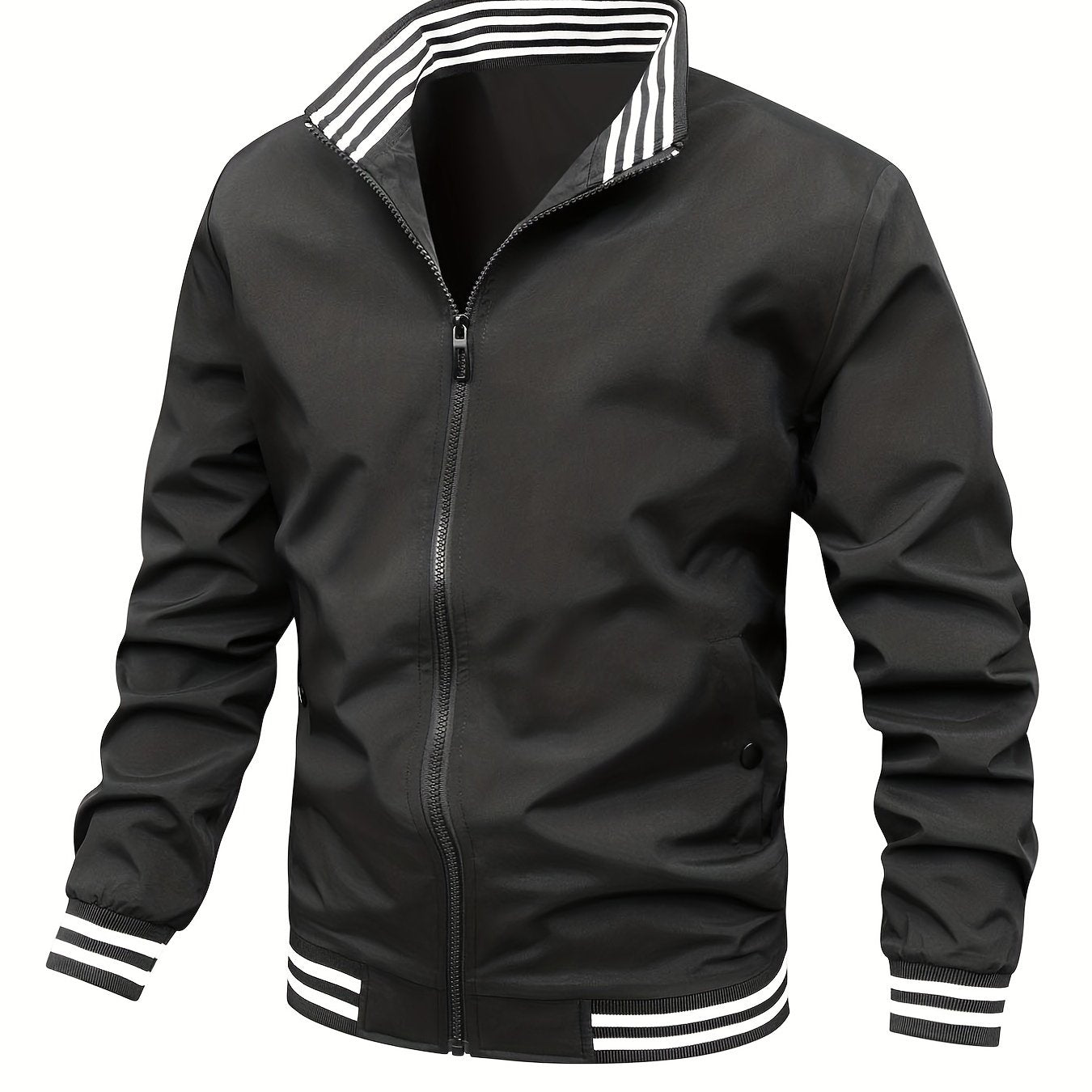 gbolsos Classic Design Bottom Striped Jacket, Men's Casual Zip Up Stand Collar Jacket For Spring Fall