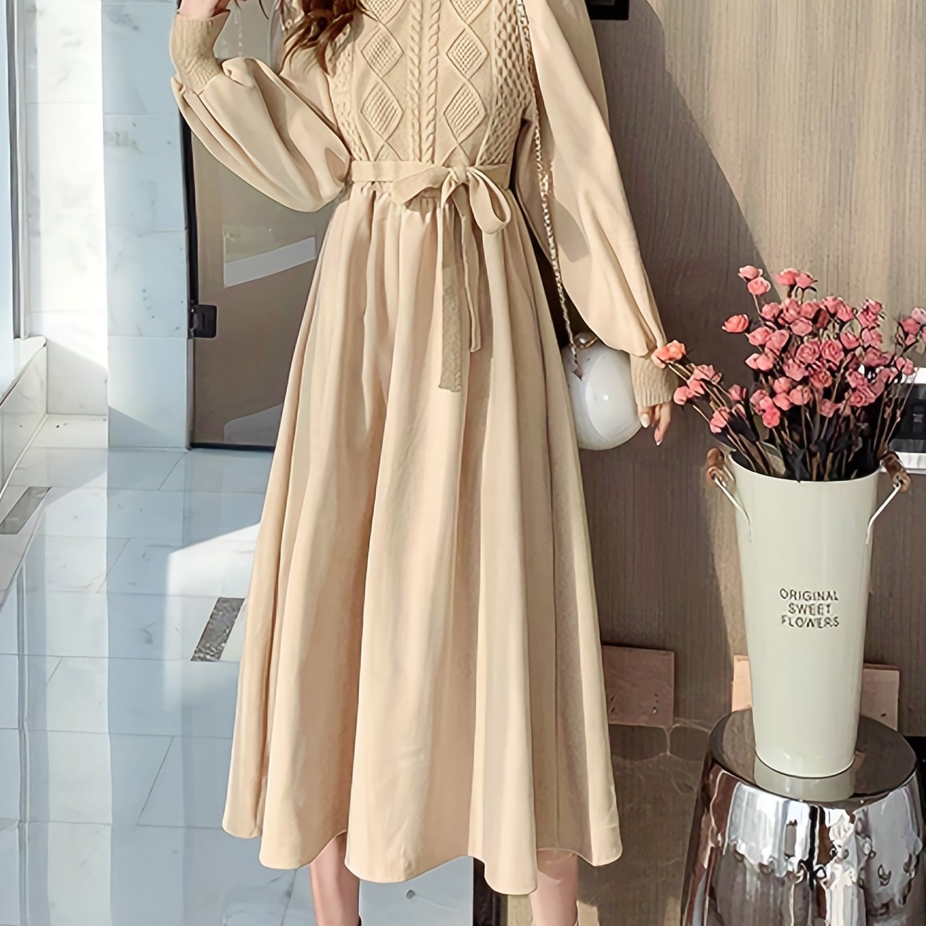 gbolsos Solid Knitted Dress, Elegant Crew Neck Long Sleeve Dress, Women's Clothing