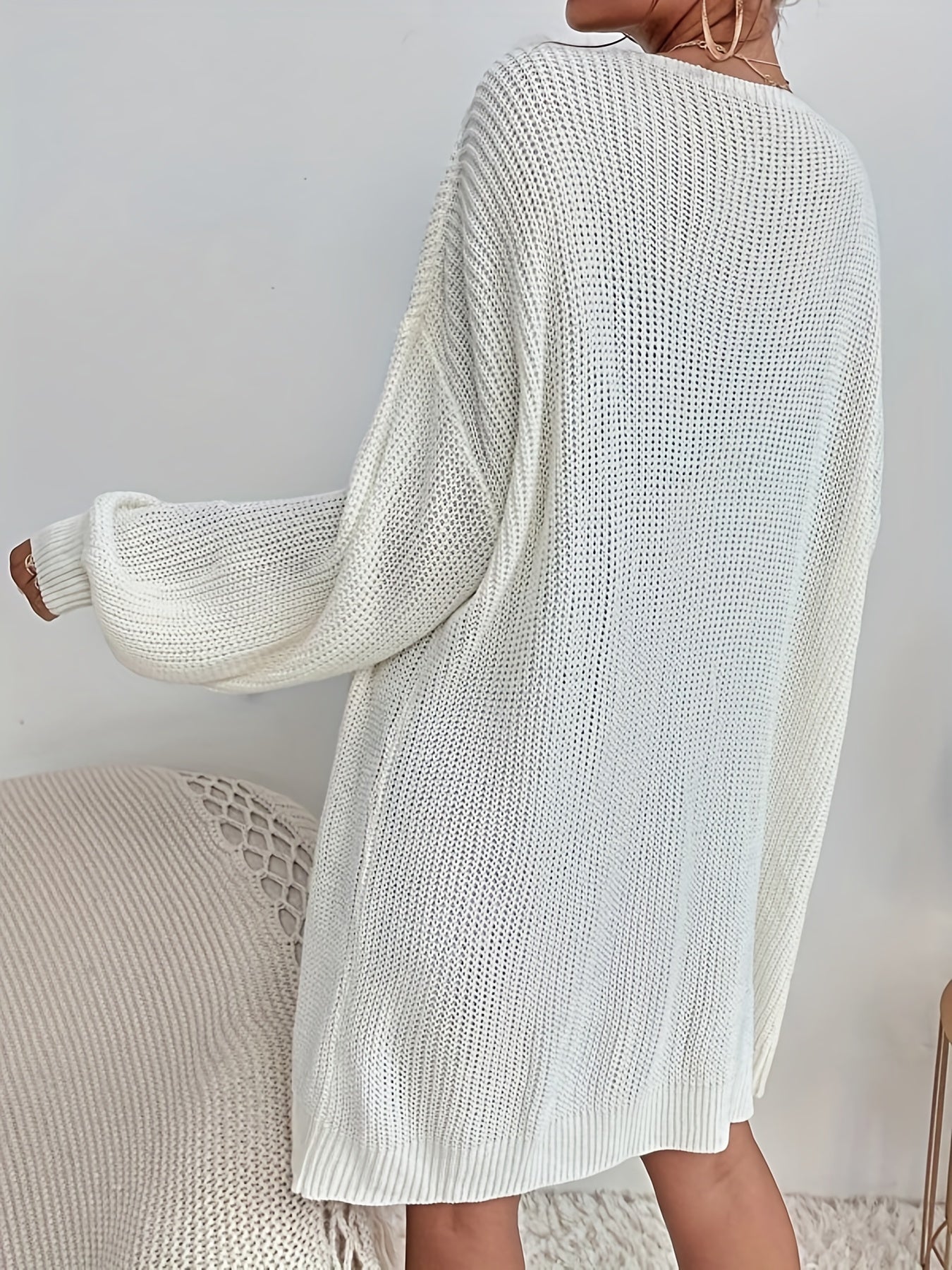 gbolsos Plus Size Casual Cardigan, Women's Plus Solid Ribbed Lantern Sleeve Open Front Knit Cardigan
