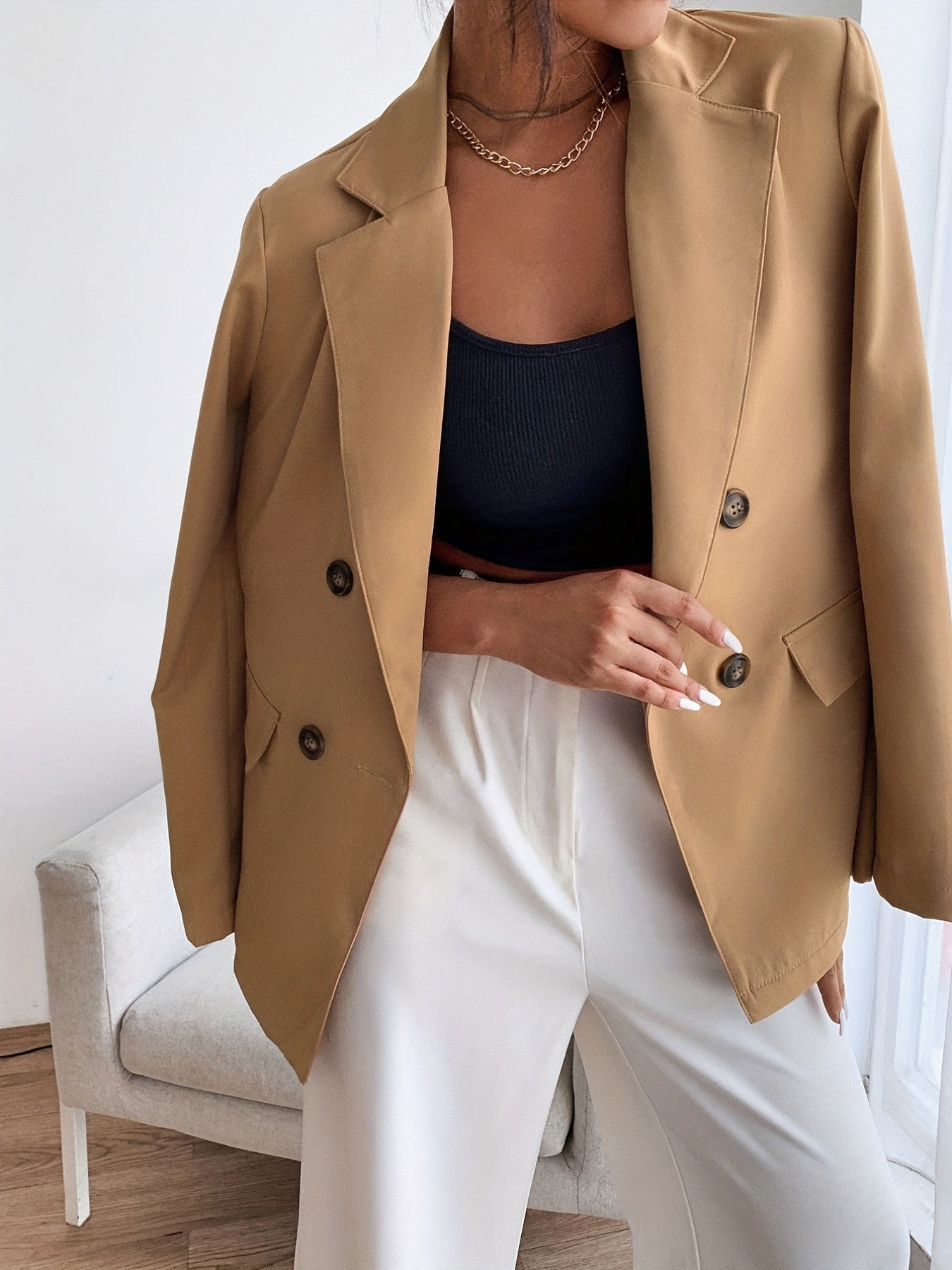 Double Breasted Lapel Blazer, Elegant Open Front Long Sleeve Outerwear, Women's Clothing