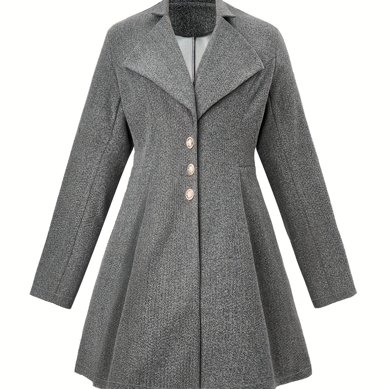 Plus Size Casual Coat, Women's Plus Solid Long Sleeve Button Up Lapel Collar Nipped Waist Tunic Woolen Coat