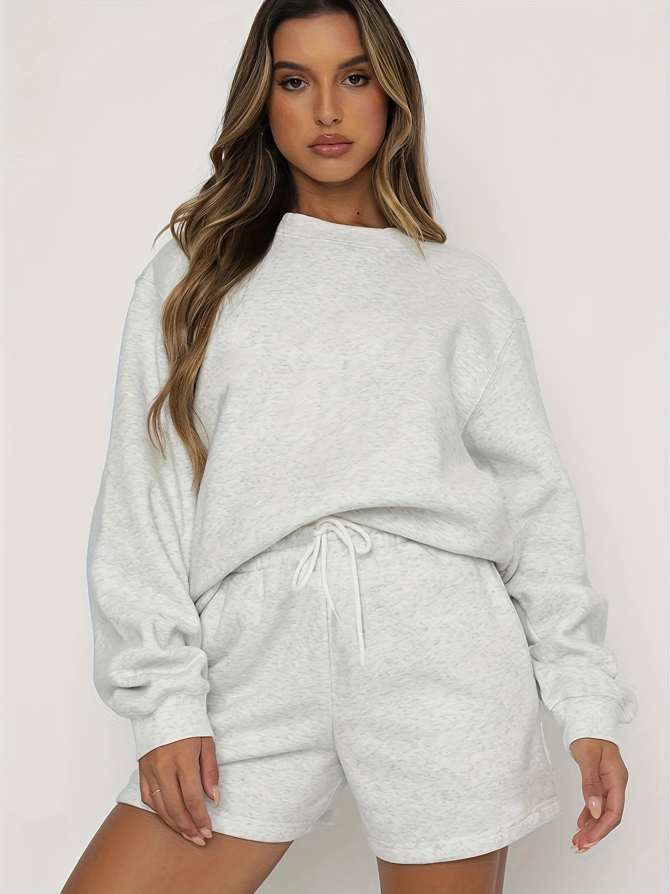gbolsos 2 Pieces Solid Color Casual Sports Set, Crew Neck Long Sleeve Pullover Shirts & Drawstring Sweatpants, Women's Activewear
