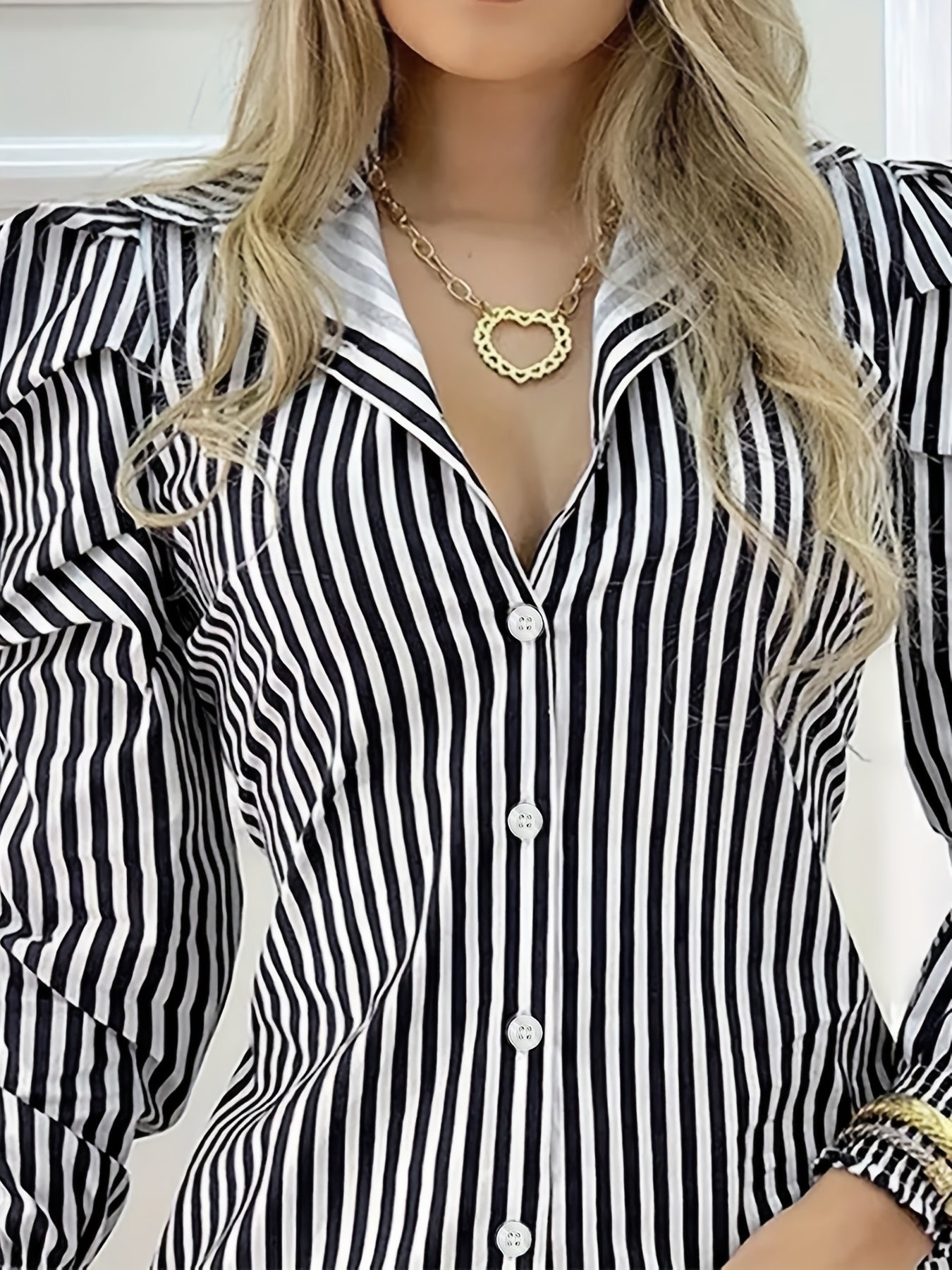 gbolsos Striped Print Mini Dress, Casual Button Front Puff Long Sleeve Dress, Women's Clothing