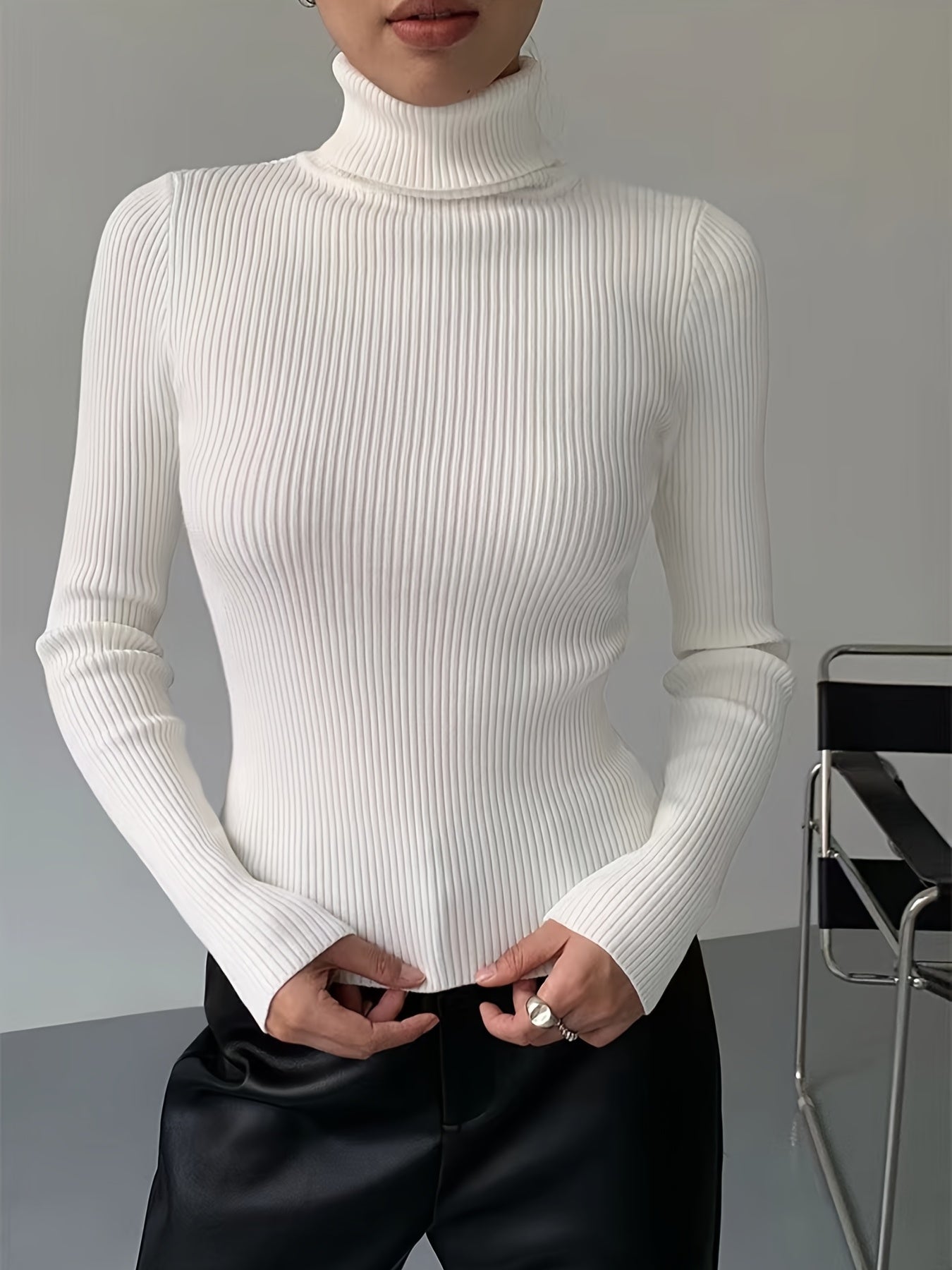gbolsos Women's Sweater Turtleneck Solid Ribbed Long Sleeve Slim Pullover Knit Tops
