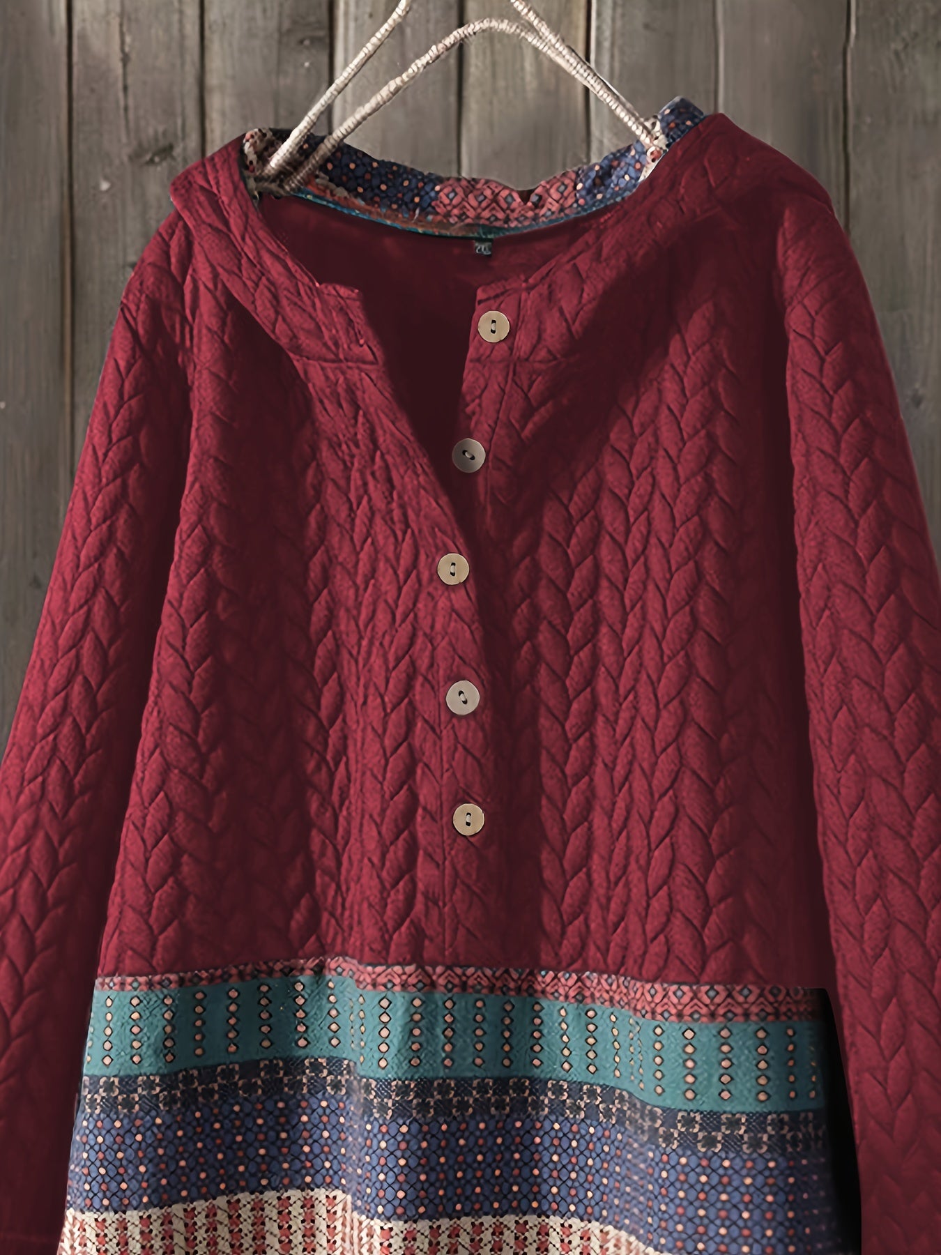 gbolsos Tribal Print Long Sleeve Hooded Padded Jacket, Casual Button Front Loose Hem Outerwear, Women's Clothing