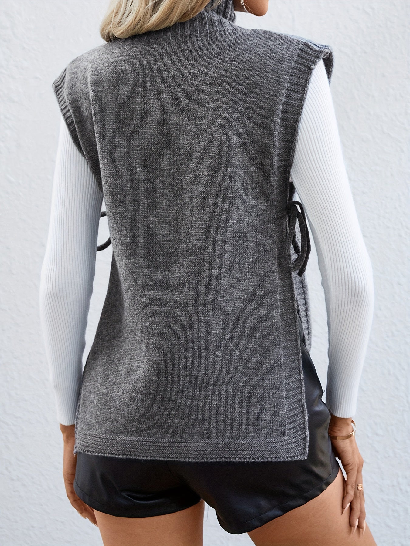 gbolsos Solid Tie Side Turtleneck Top, Casual Knitted Sleeveless Top For Fall & Winter, Women's Clothing