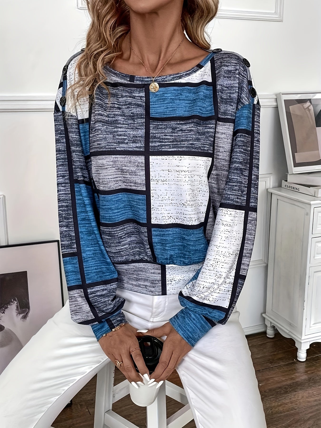 gbolsos Color Block Crew Neck T-Shirt, Casual Long Sleeve Top For Spring & Fall, Women's Clothing