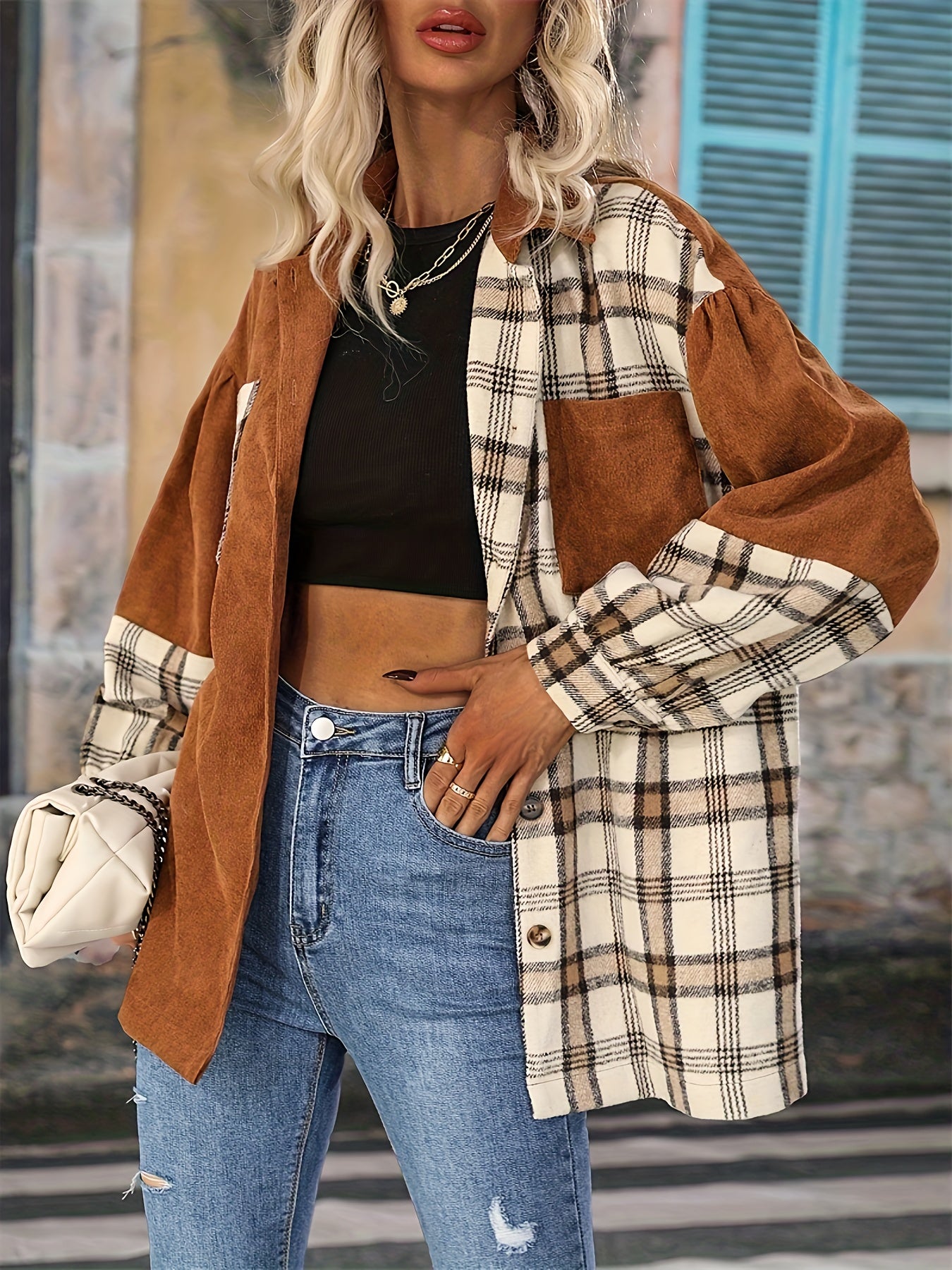 Plaid Pattern Splicing Jacket, Casual Button Front Long Sleeve Outerwear, Women's Clothing