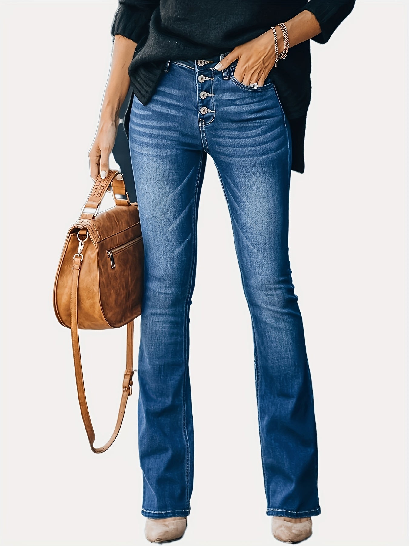 gbolsos Embossed Crotch Button Bell Bottom Jeans, Stretchy Slim Fitting Slash Pockets Bootcut Pants, Women's Denim & Clothing