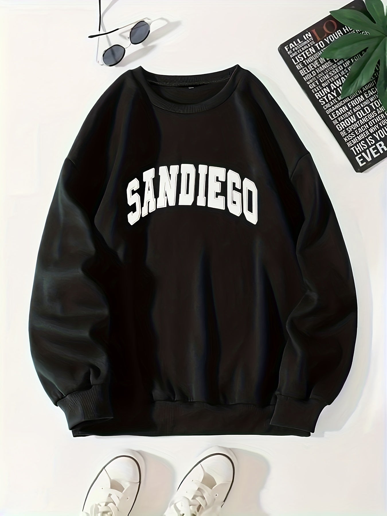 gbolsos Sandiego Letter Print Sweatshirt, Casual Crew Neck Long Sleeve Sweatshirt, Women's Clothing