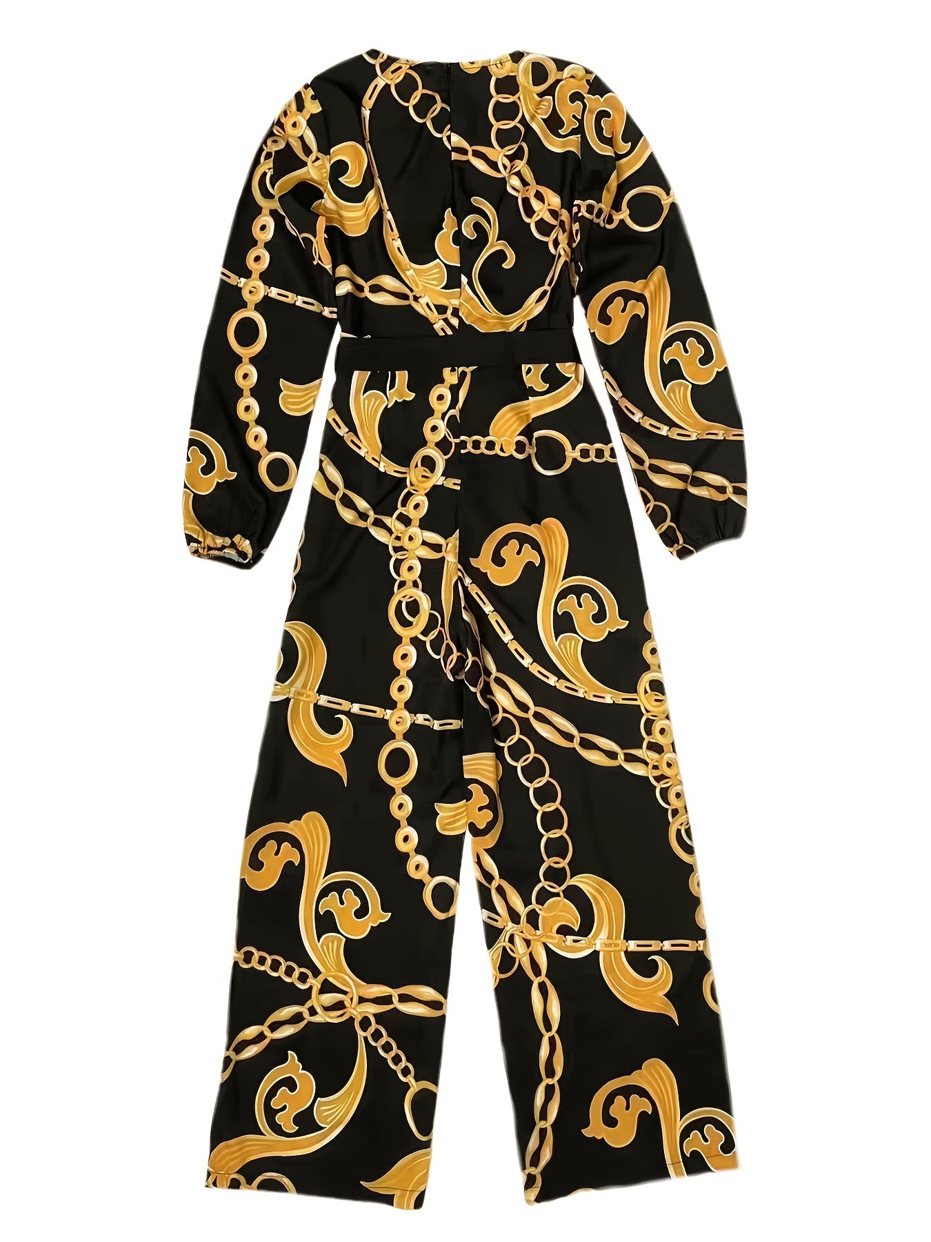 gbolsos Chain Print Belted Wide Leg Jumpsuit, Elegant Deep V Neck Long Sleeve Jumpsuit For Spring & Fall, Women's Clothing