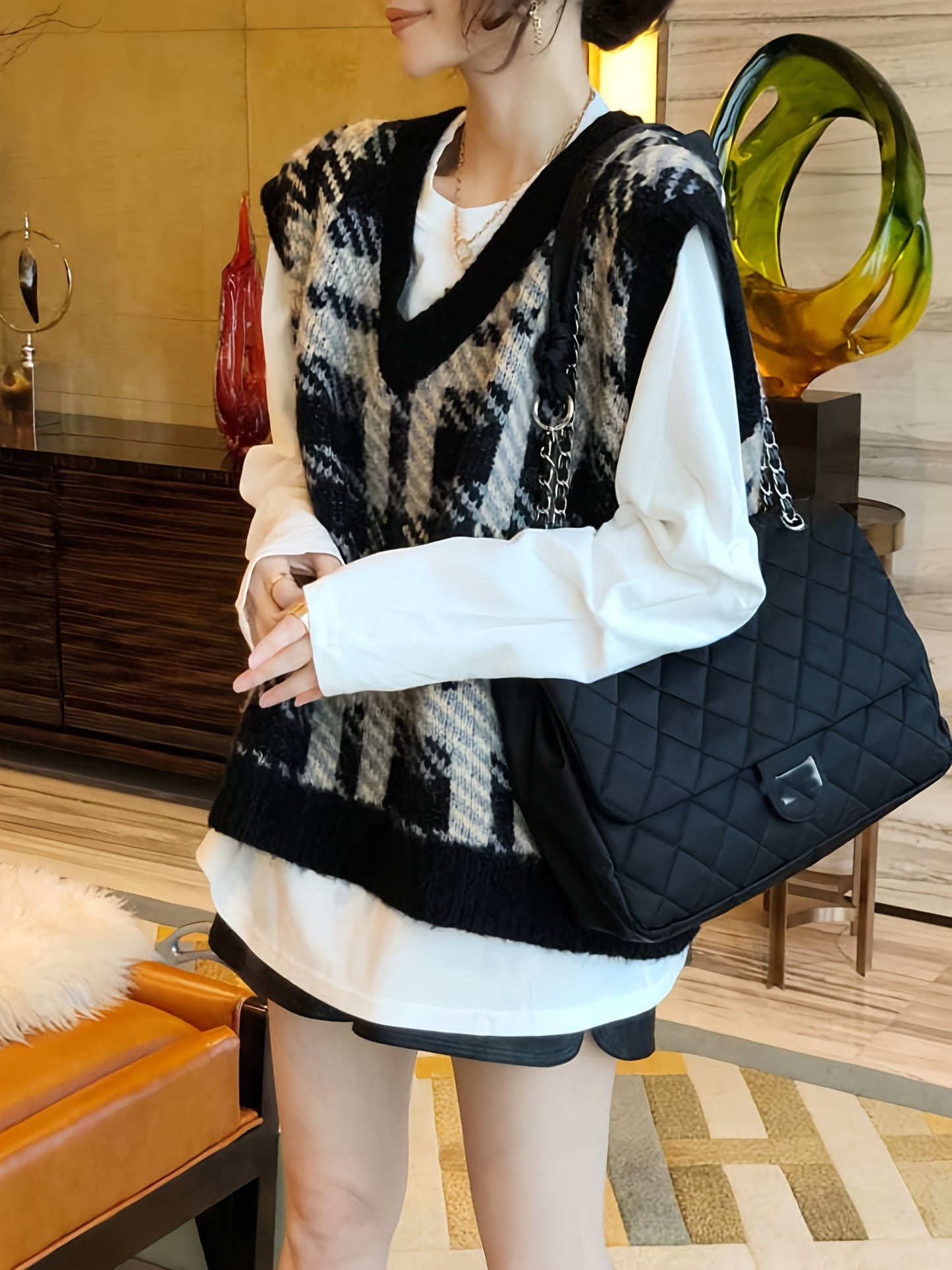 gbolsos Plaid Pattern V Neck Knitted Vest, Casual Sleeveless Loose Sweater For Spring & Fall, Women's Clothing