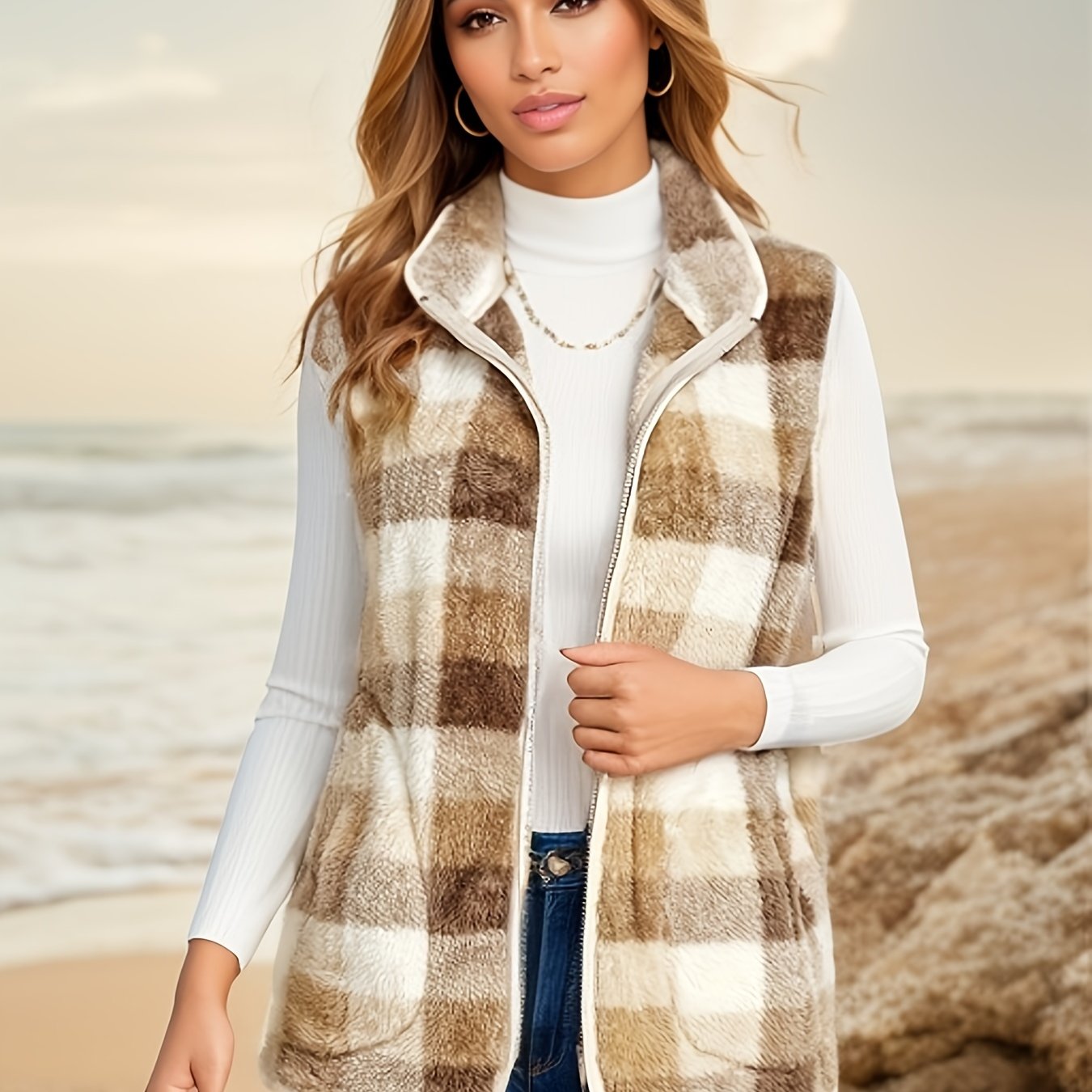 gbolsos Plaid Pattern Zip Up Vest, Casual Sleeveless Versatile Vest, Women's Clothing