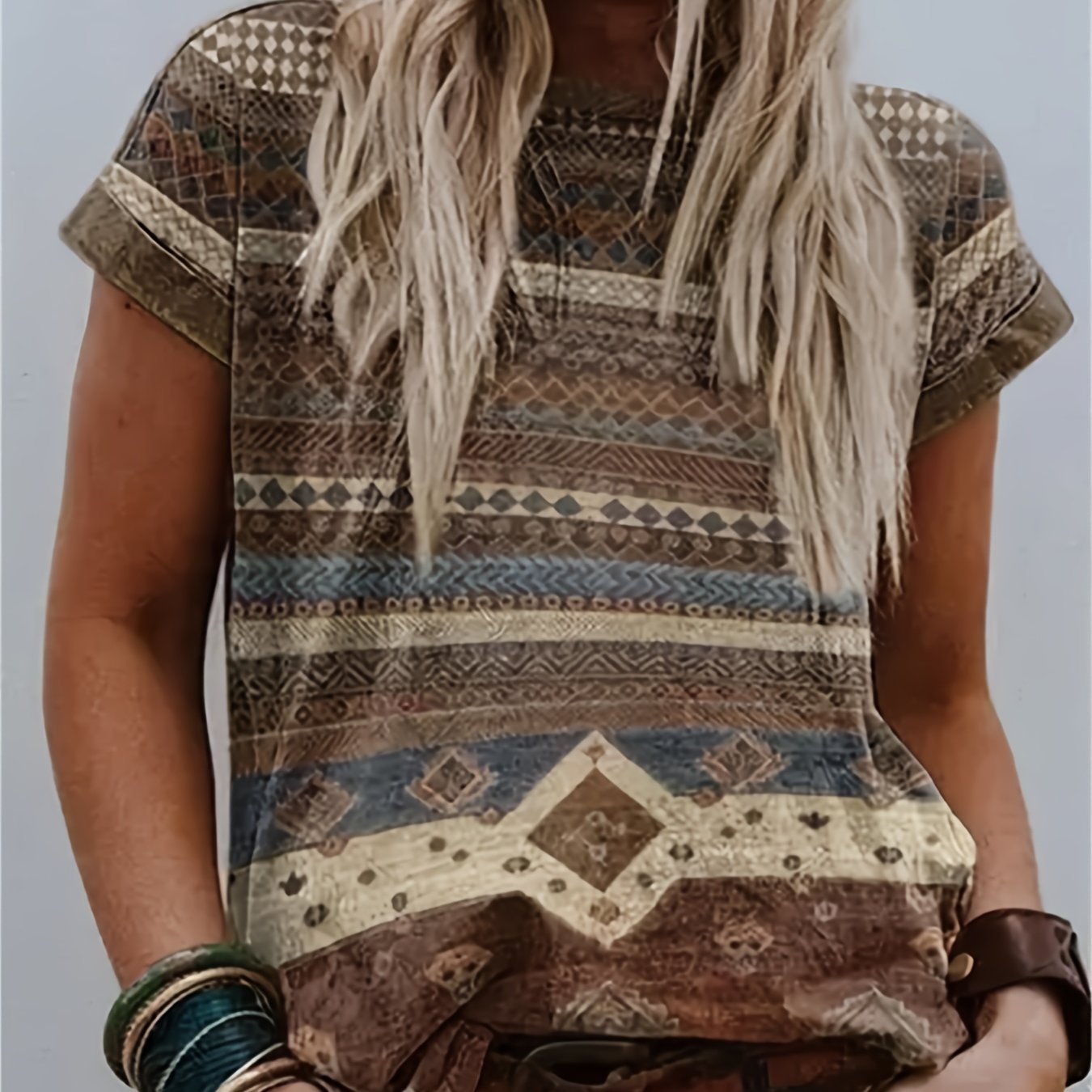 gbolsos Ethnic Print Crew Neck T-shirt, Casual Western Loose Short Sleeve Summer T-Shirts Tops, Women's Clothing