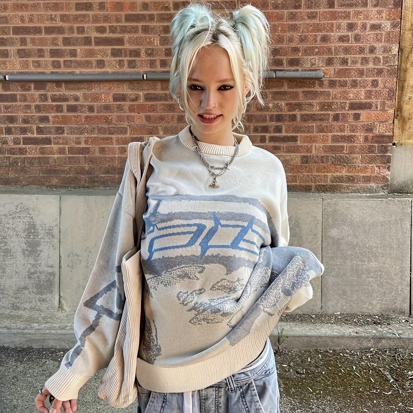 Y2K Long Sleeve Sweater, Loose Casual Sweater For Spring & Fall, Women's Clothing
