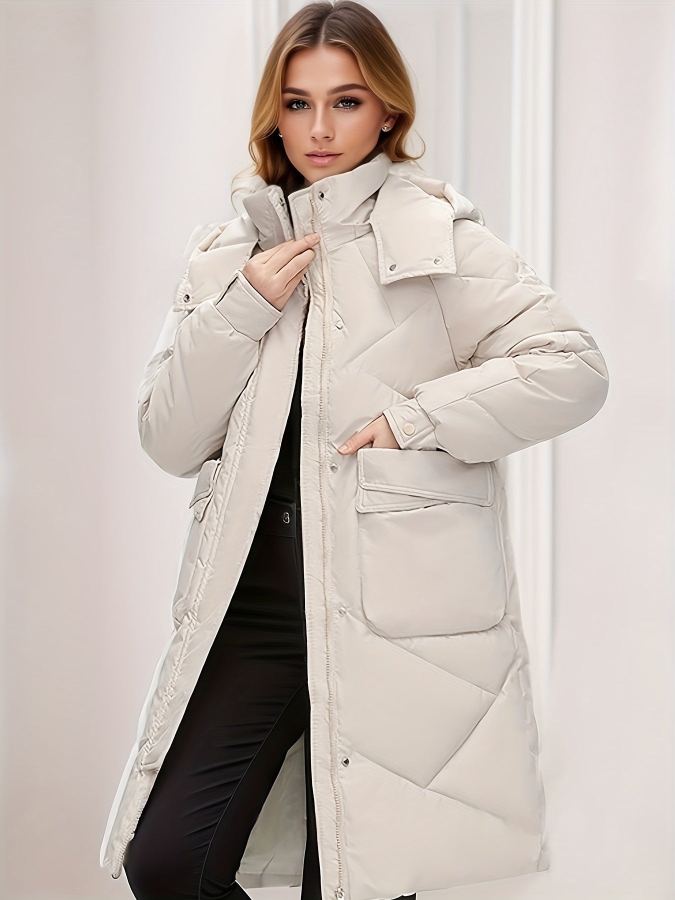 Button Front Warm Hooded Coat, Casual Long Length Winter Outerwear, Women's Clothing