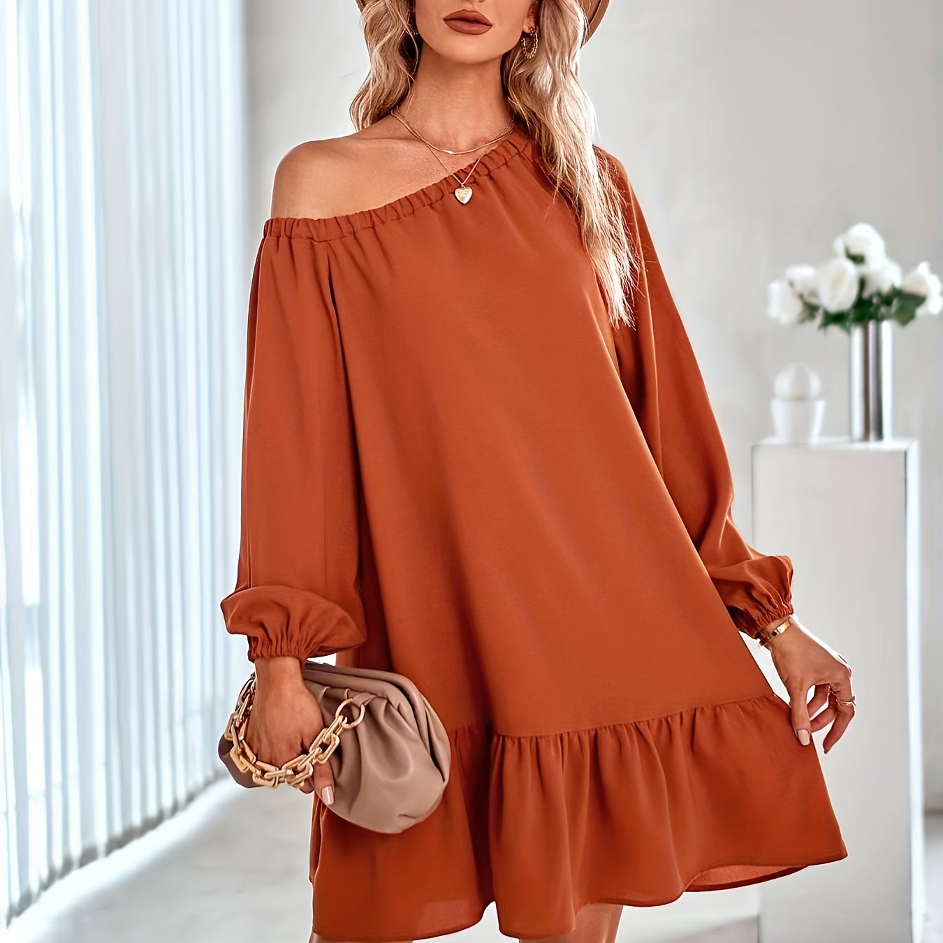 Solid One Shoulder Ruffle Hem Dress, Casual Long Sleeve Dress For Spring & Summer, Women's Clothing