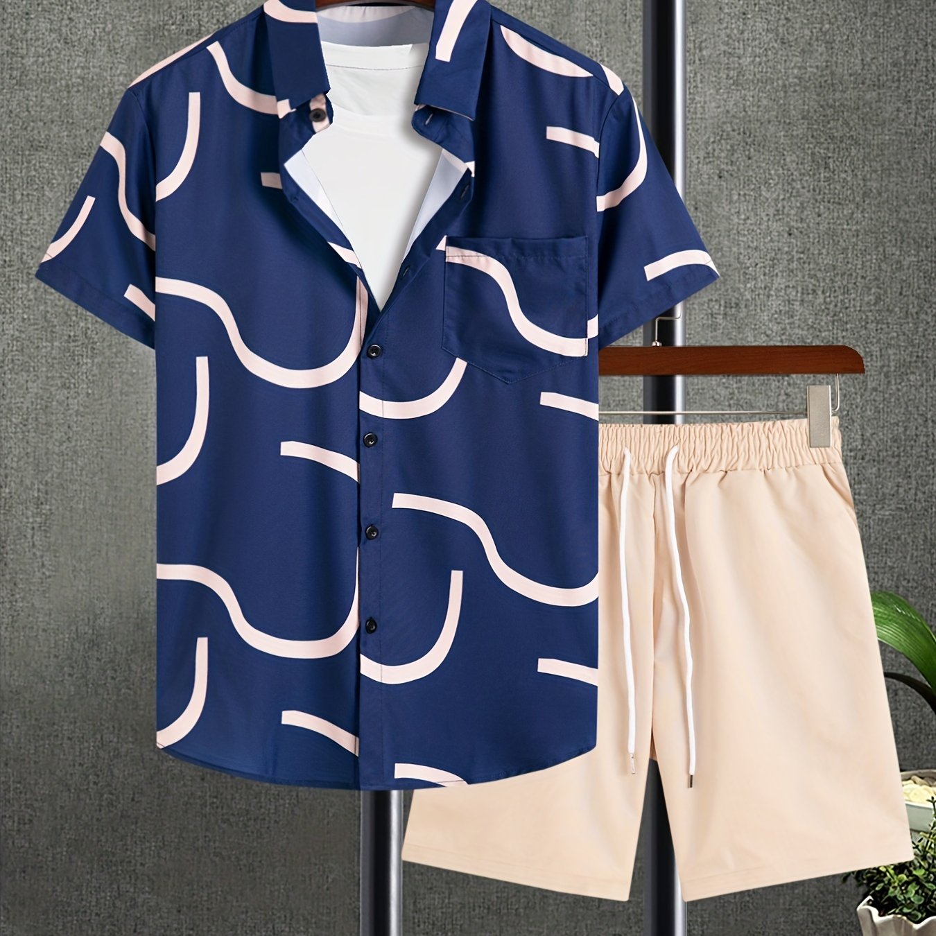 gbolsos 2pcs, Men's Simple Lines Print Blue Summer Short Sleeve Button Up Shirt And Shorts Set