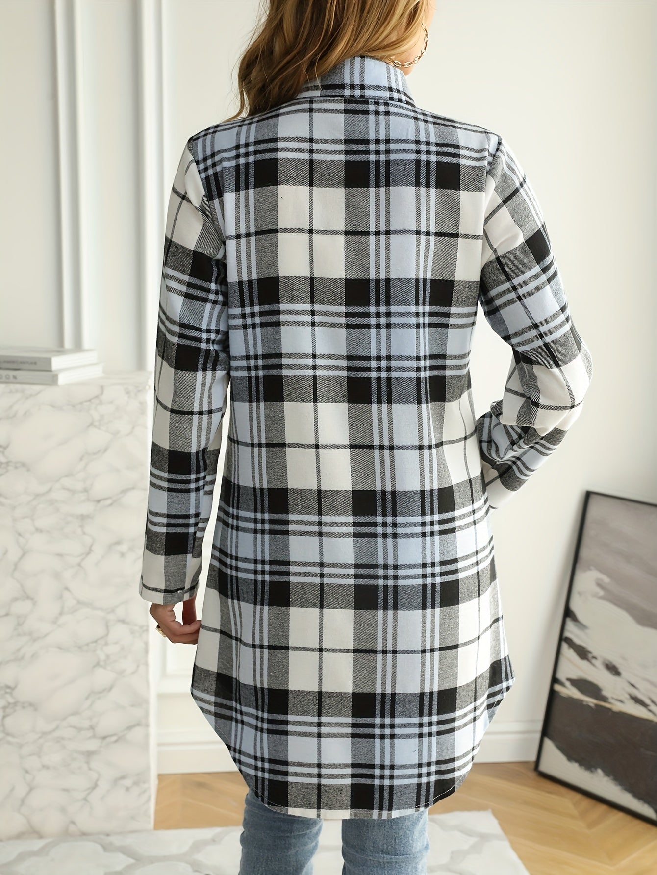gbolsos Plaid Print Button Front Shirt, Dipped Hem Long Sleeve Shirt For Spring & Fall, Women's Clothing