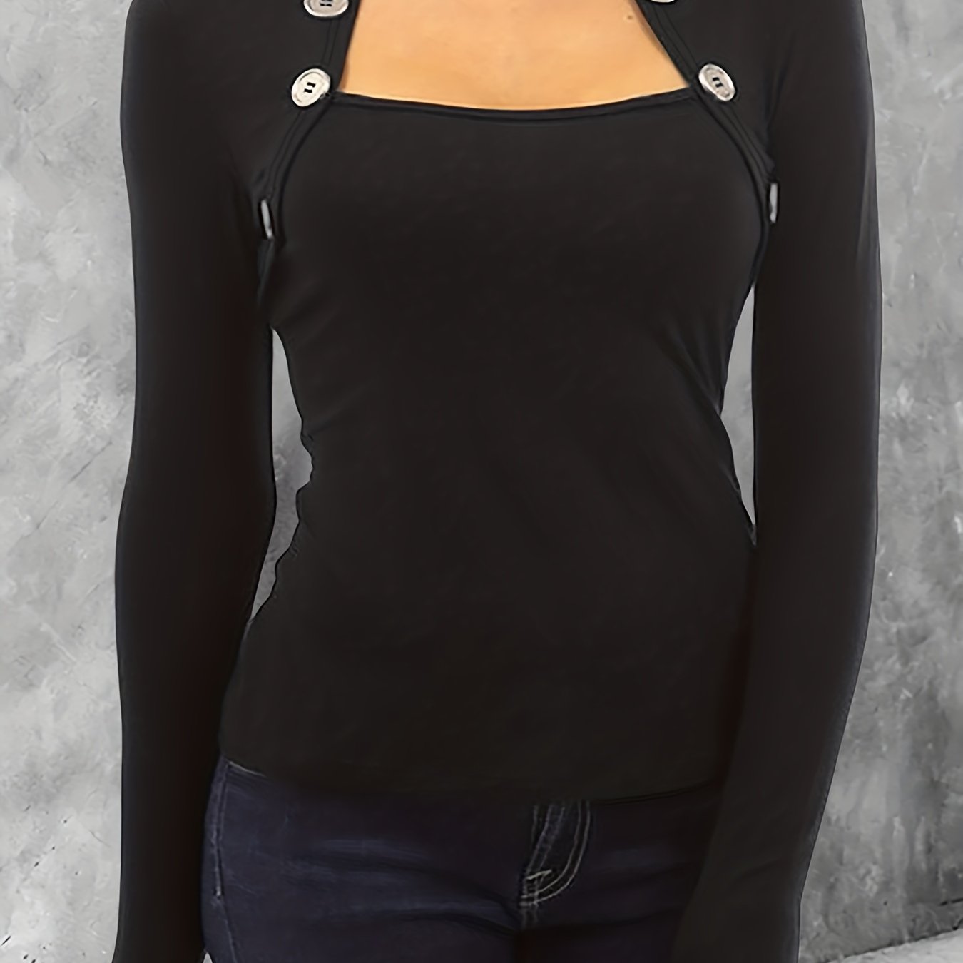 gbolsos Solid Button Decor T-Shirt, Casual Long Sleeve Top For Spring & Fall, Women's Clothing