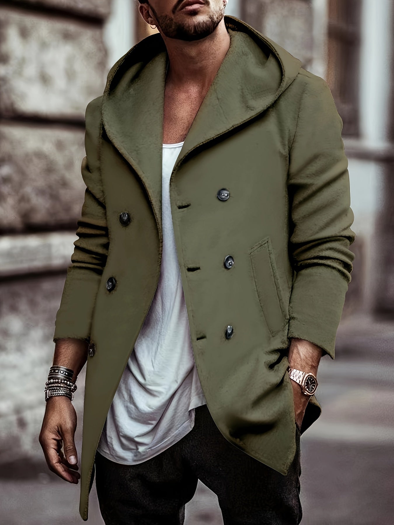 gbolsos Cotton Blend Men's Trendy Retro Hooded Long Sleeve Coat Windbreaker Stylish Long Overcoat For Autumn Winter