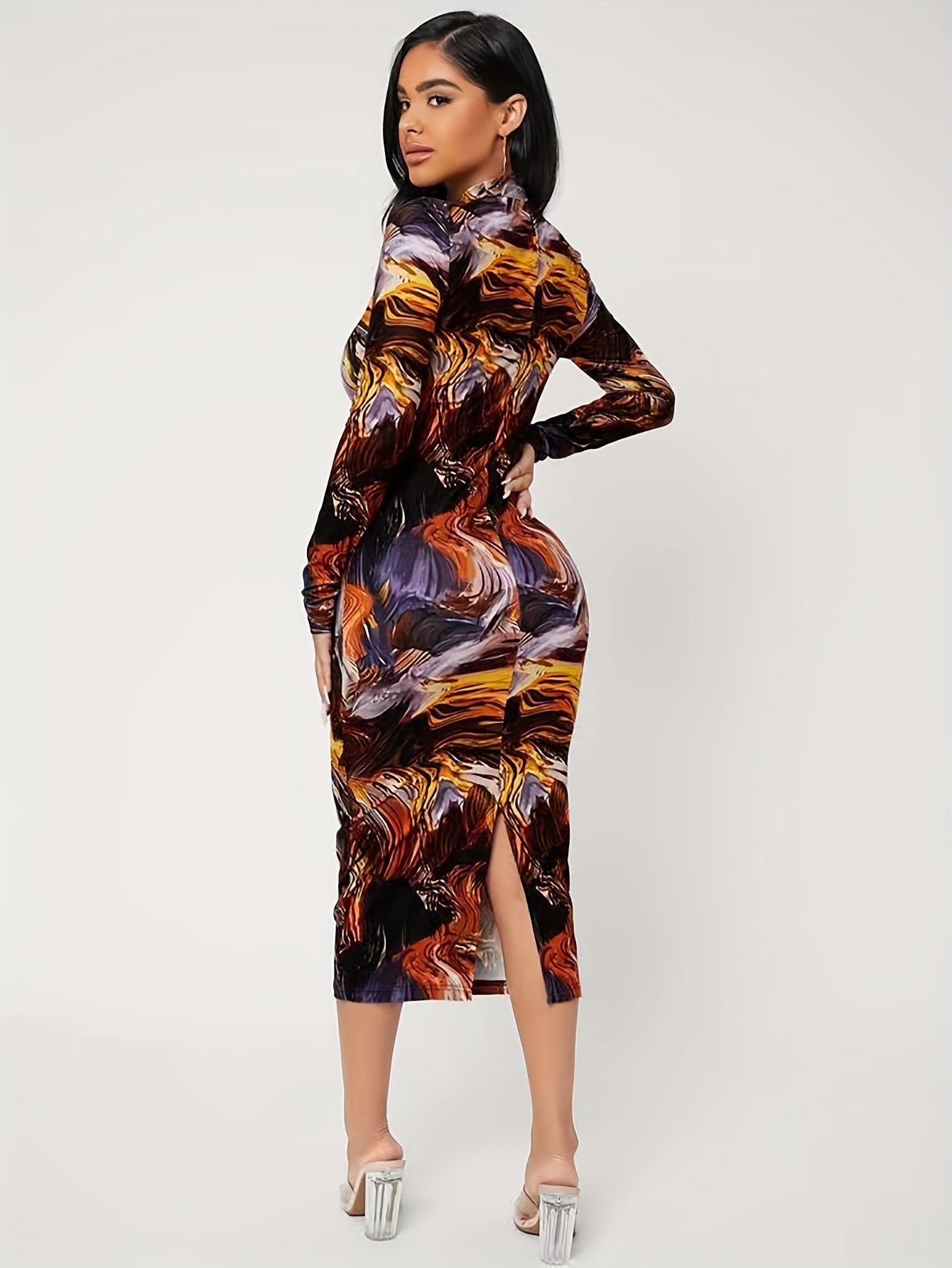 gbolsos Back Split Bodycon Dress, Mock Neck Long Sleeve Dress For Club & Party, Women's Clothing
