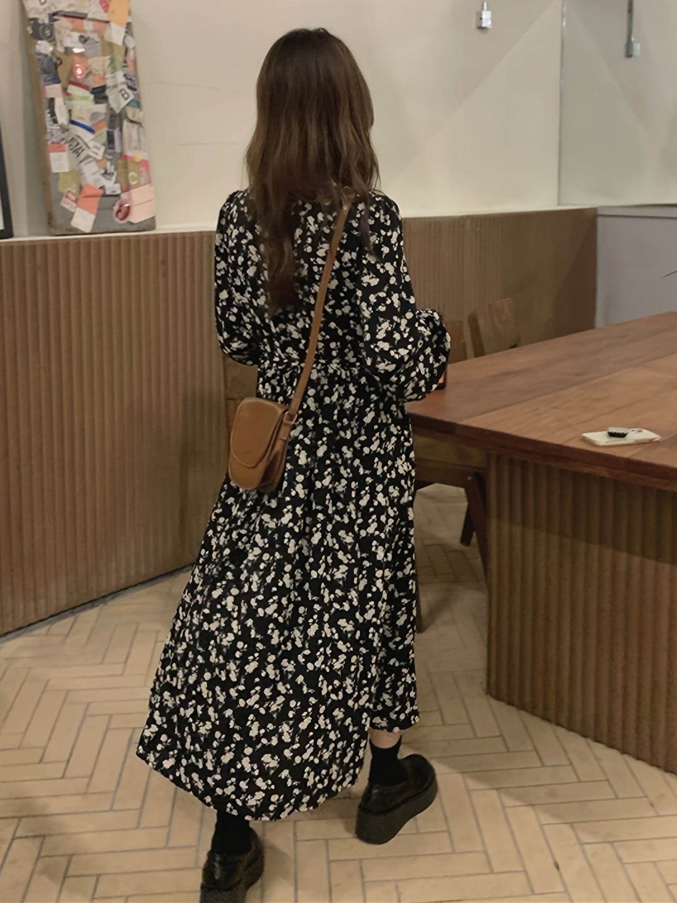 gbolsos Ditsy Floral Print Dress, Elegant Long Sleeve Midi Dress, Women's Clothing