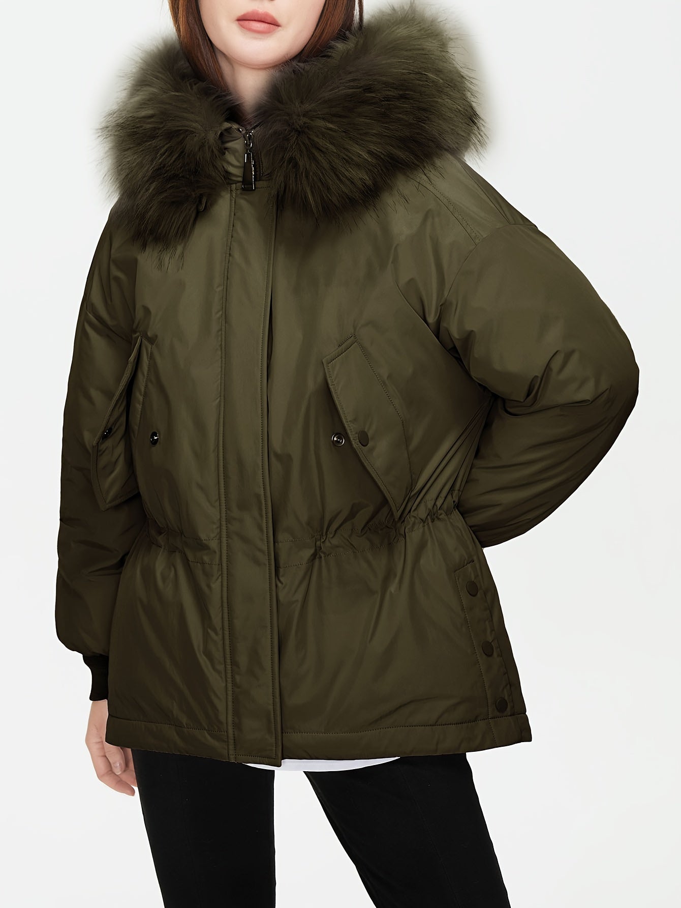 gbolsos Solid Drawstring Faux Fur Coat, Versatile Long Sleeve Pockets Winter Outwear, Women's Clothing