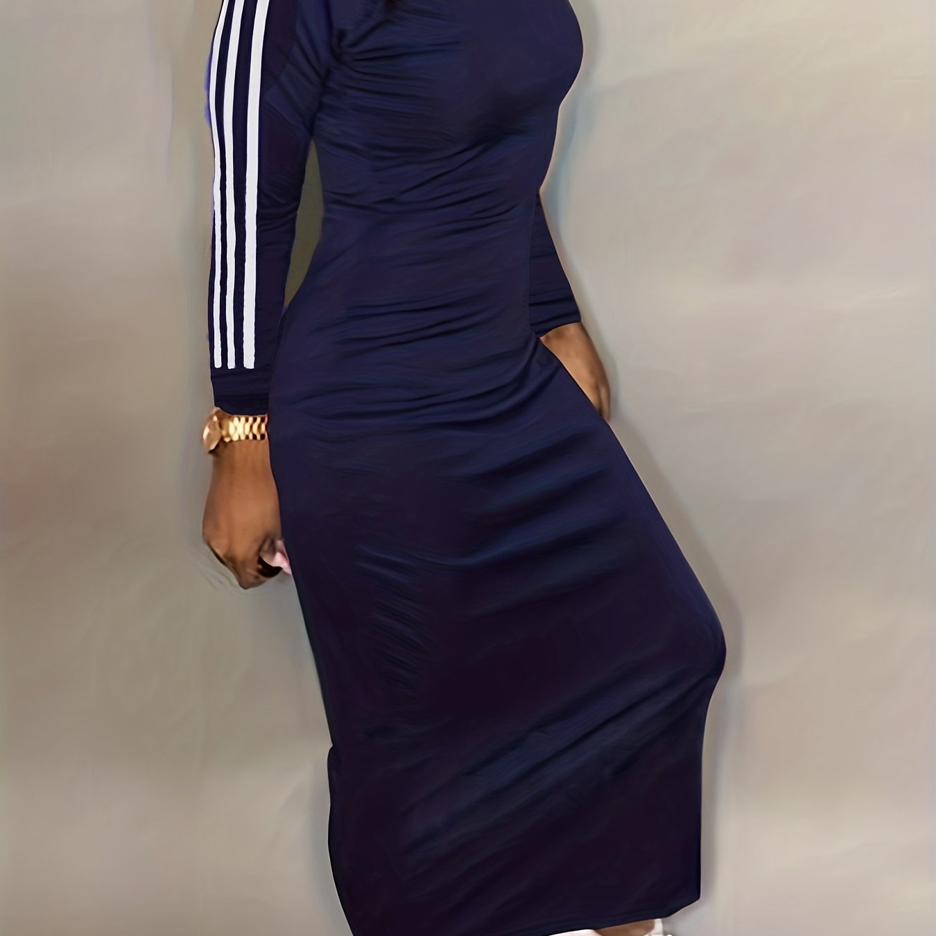 gbolsos Striped Print Bodycon Dress, Casual Long Sleeve Maxi Dress, Women's Clothing