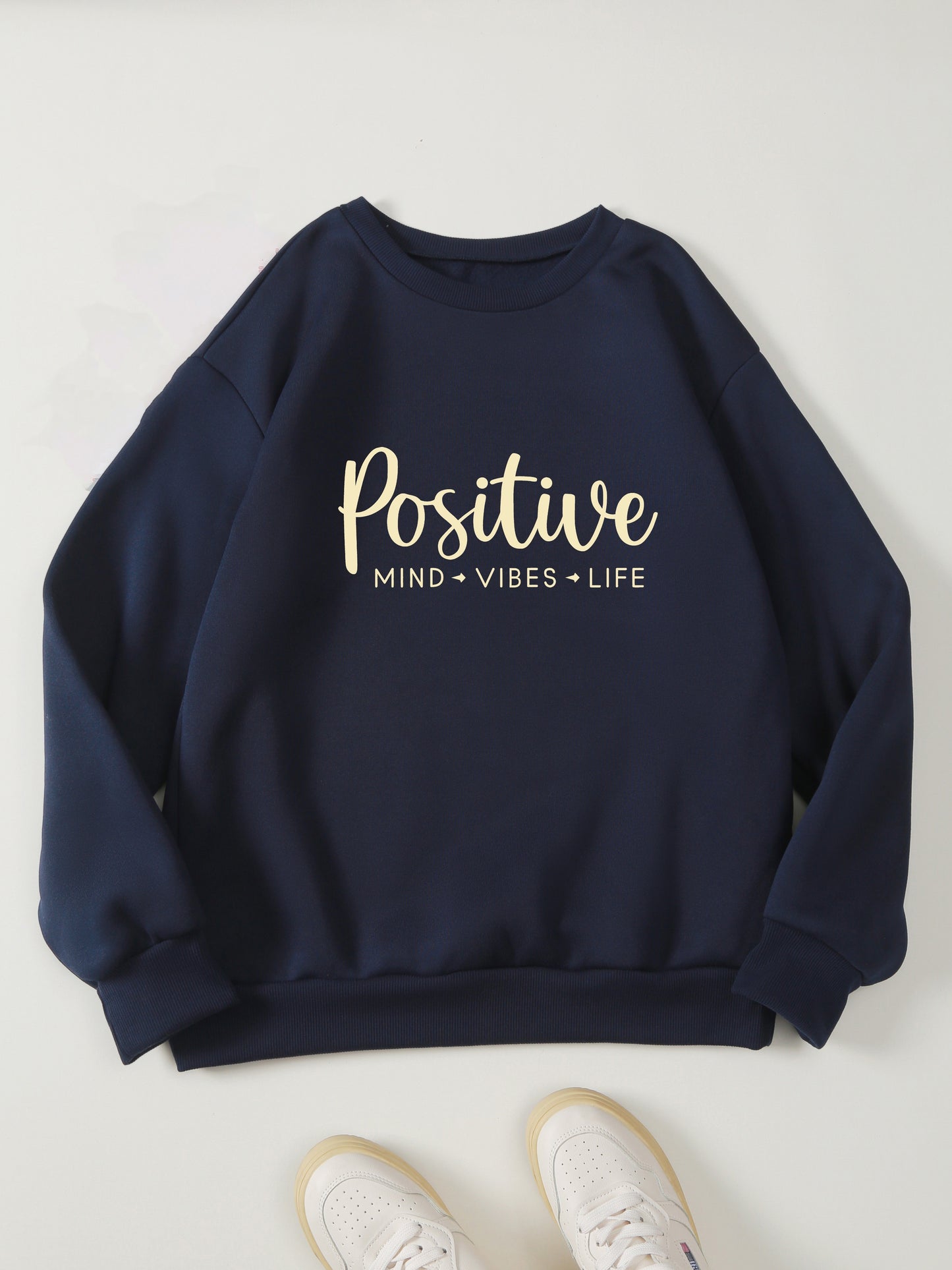 Positive Print Pullover Sweatshirt, Casual Long Sleeve Crew Neck Sweatshirt For Fall & Winter, Women's Clothing