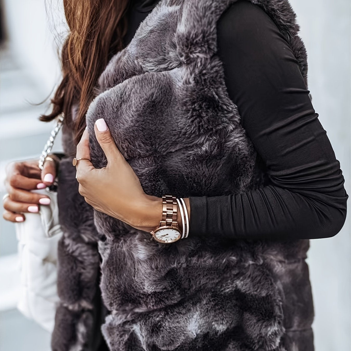 Fuzzy Long Length Warm Vest, Casual Open Front Sleeveless Winter Vest, Women's Clothing