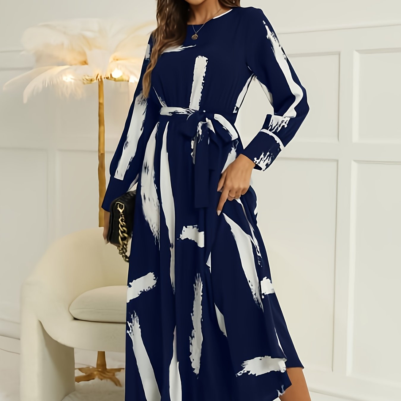 gbolsos Brush Print Keyhole Dress, Elegant Long Sleeve Maxi Dress, Women's Clothing