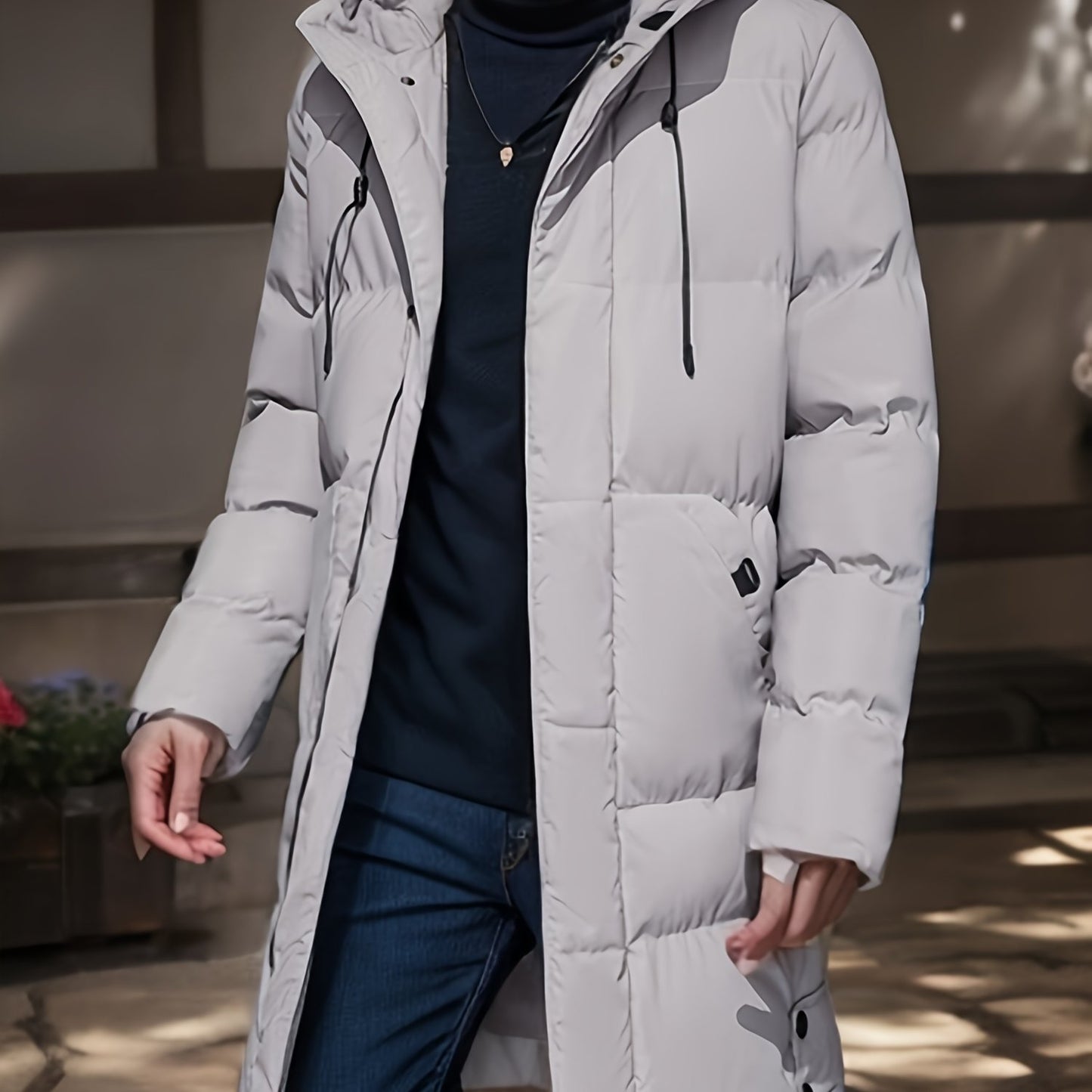 gbolsos Warm Hooded Mid-length Jacket, Men's Casual Zip Up Cotton Padded Jacket Overcoat For Fall Winter Outdoor