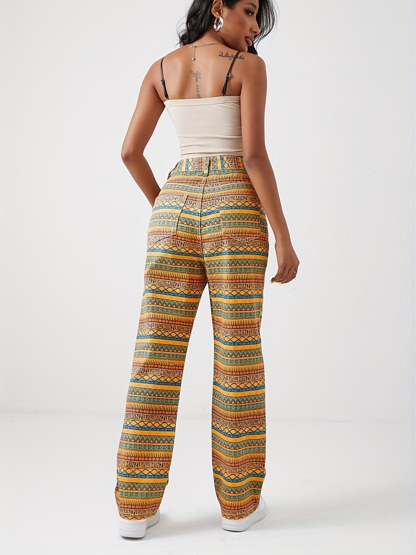 gbolsos Geometric Striped Print Straight Jeans, Loose Fit Non-Stretch Street Style Denim Pants, Women's Denim Jeans & Clothing