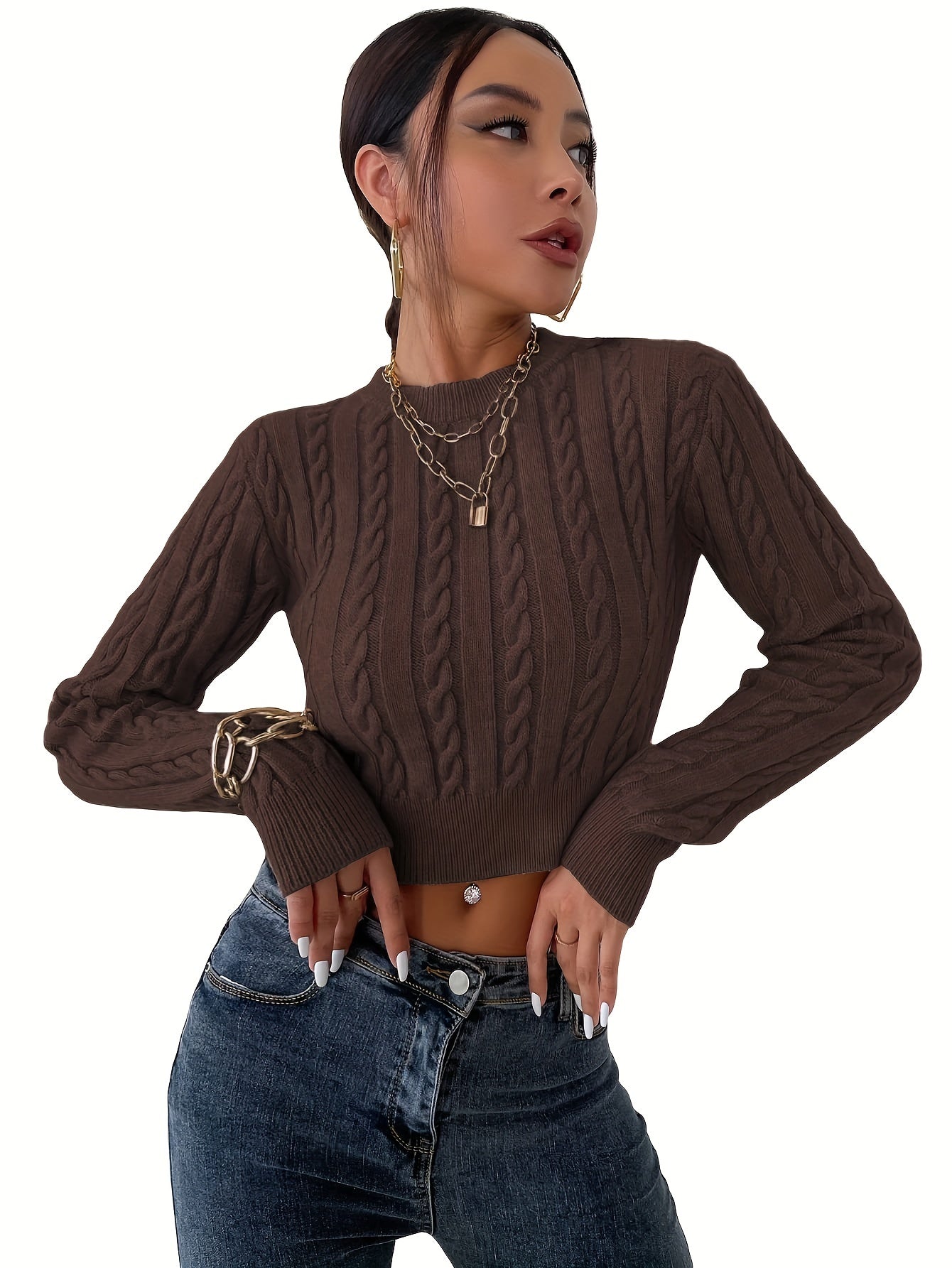 gbolsos Solid Crew Neck Cable Knit Sweater, Casual Long Sleeve Crop Slim Sweater, Women's Clothing